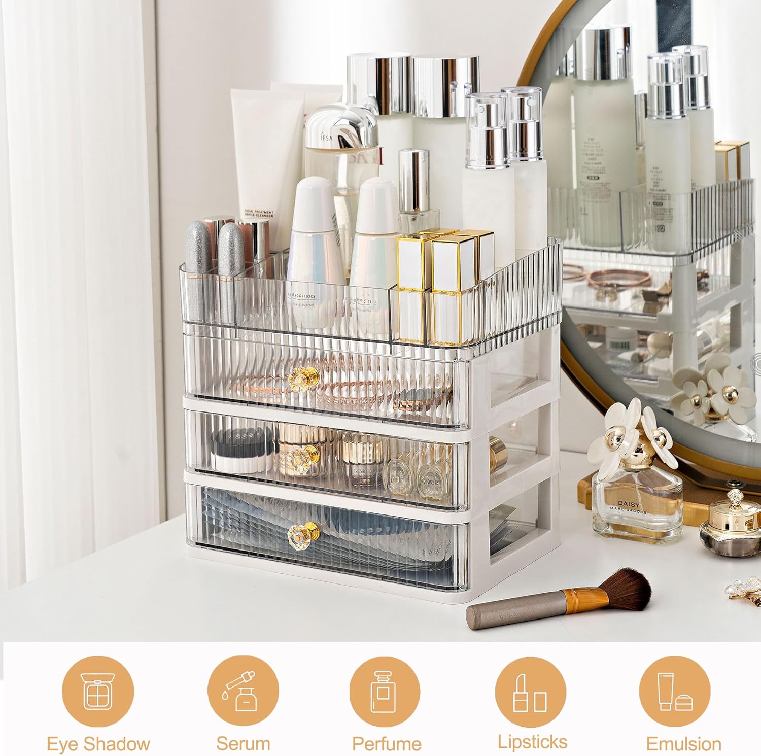 Organizador de maquillaje con 3 cajones, contenedores de almacenamiento de cosméticos para dormitorio universitario, baño, dormitorio, tocador,