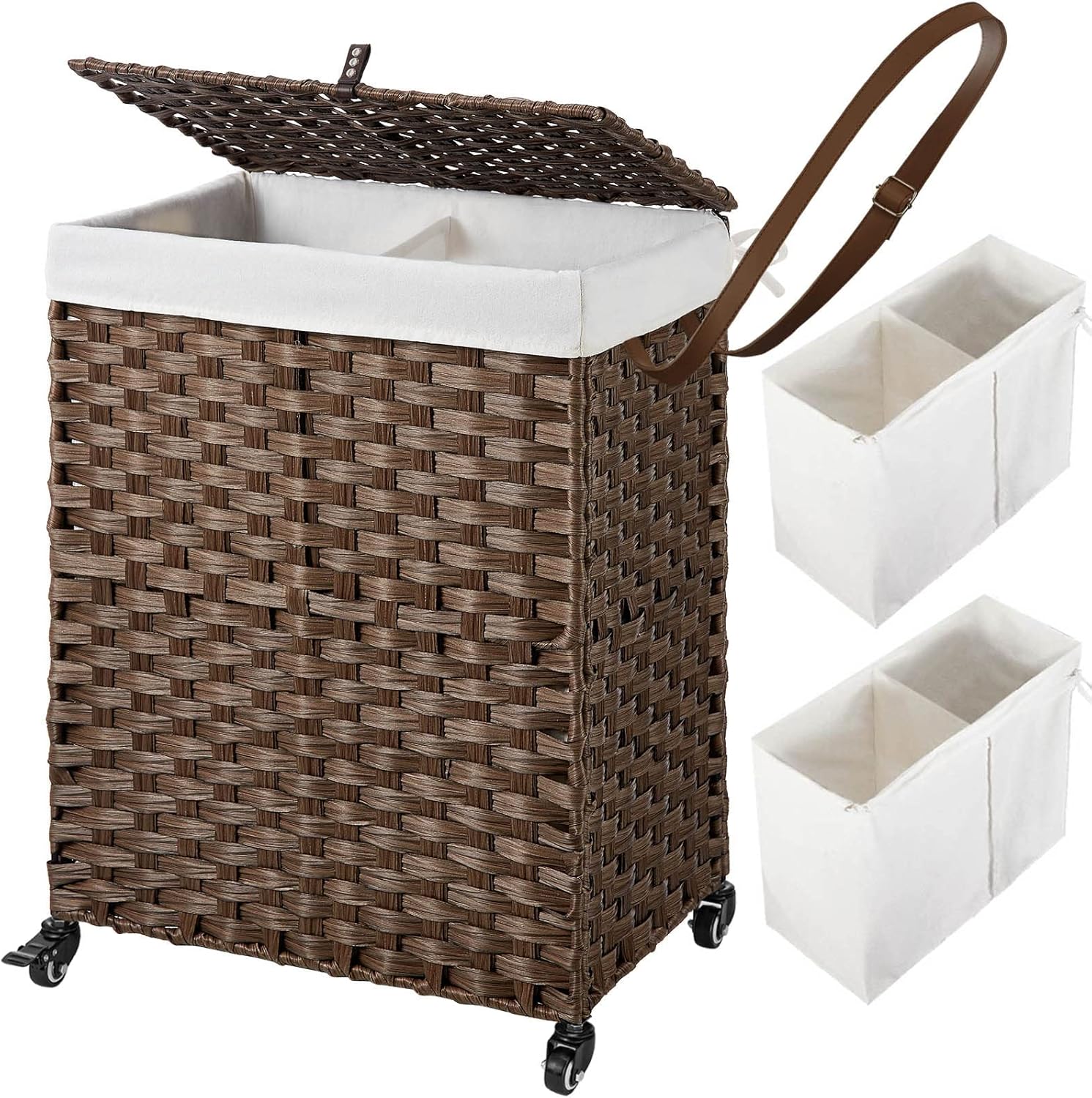 GREENSTELL Cesto para ropa sucia con ruedas, no necesita instalación, cestas tejidas a mano divididas de 90 litros y 2 bolsas de forro extraíbles,