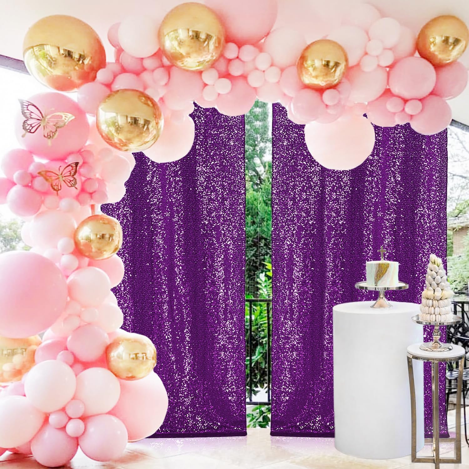 2 paneles de cortinas de fondo de lentejuelas moradas de 8 pies, fondo de tela con purpurina para decoración de Navidad, boda, fiesta