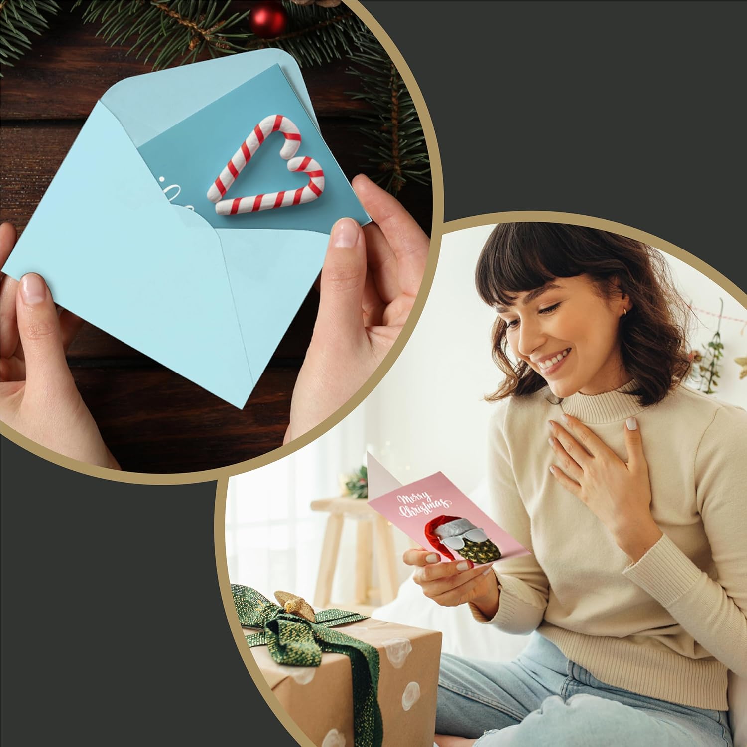 240 tarjetas de felicitación de Navidad con sobres, 6 diseños surtidos de 4 unidades con puntos UV de alto brillo, tarjetas de Navidad de 7.25 x 5.5