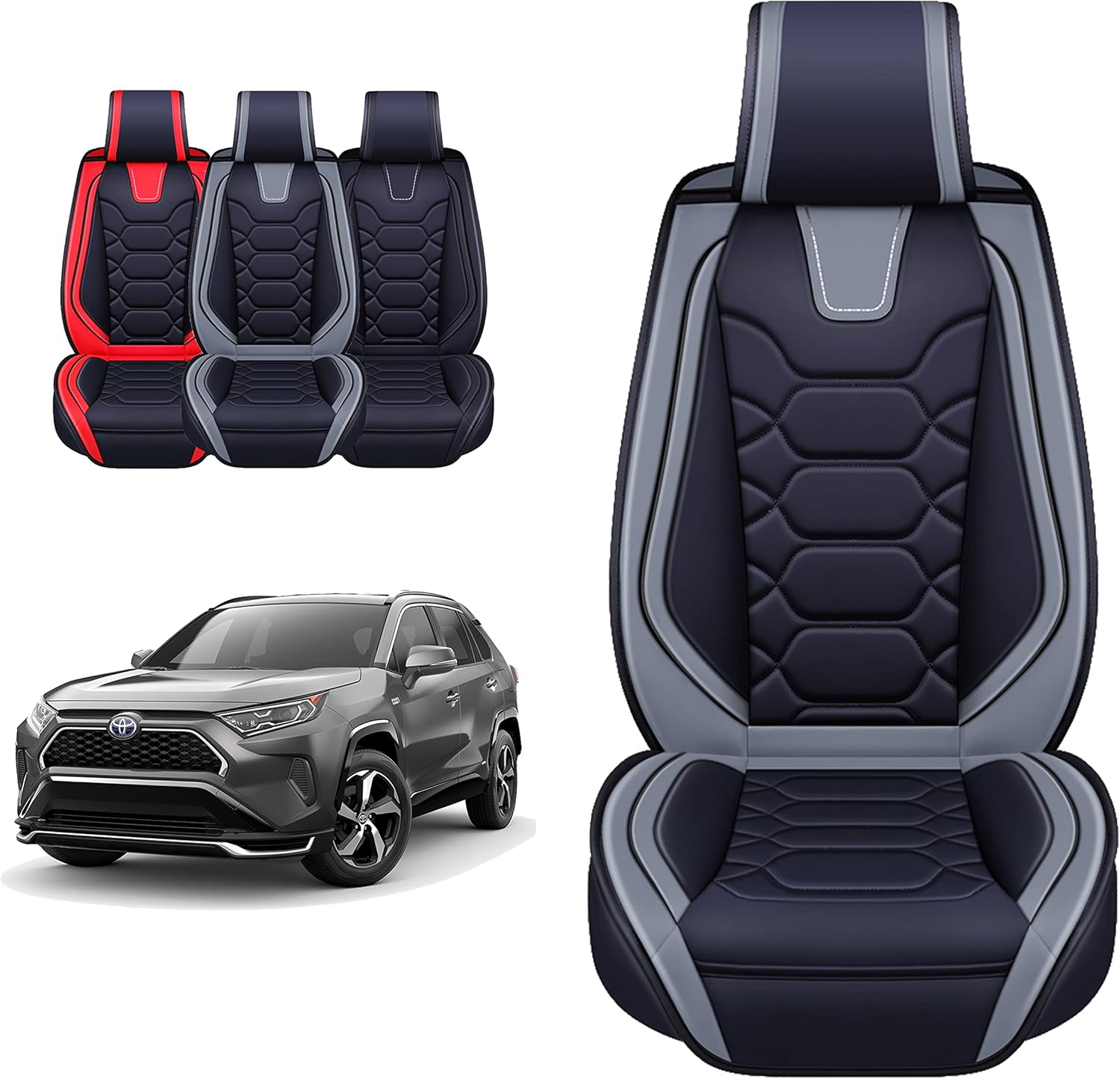 OASIS AUTO Toyota RAV4 – Fundas de asiento de accesorios 2013-2025 de piel de ajuste personalizado para RAV-4 (juego completo deportivo, negro y