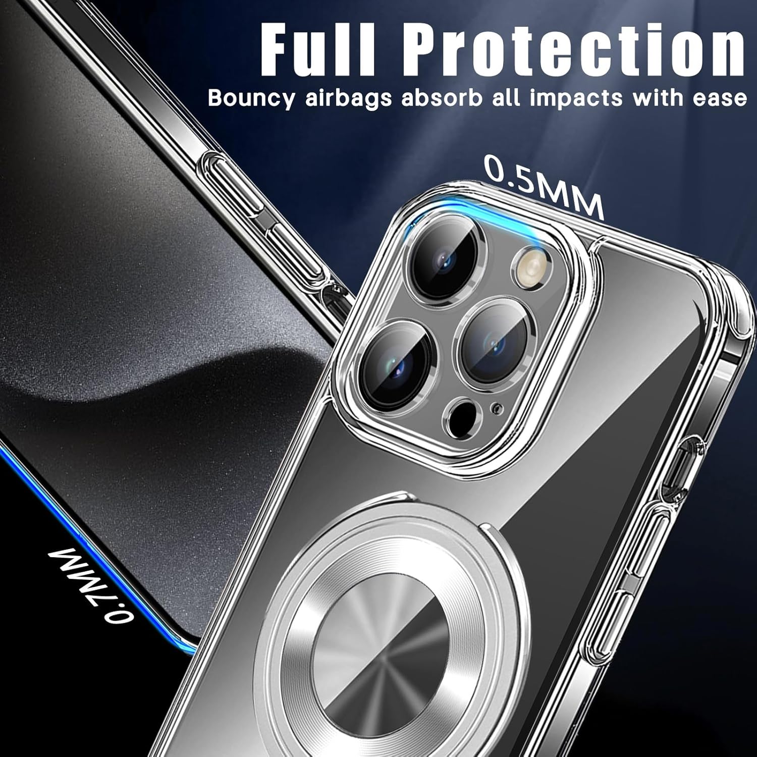 Funda transparente para iPhone 15 Pro Max con soporte de anillo magnético invisible, compatible con MagSafe, protección contra caídas de grado