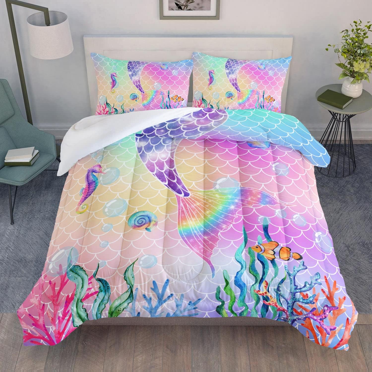 Datura home Juego de edredón de cama con estampado de cola de sirena rosa arcoíris con 1 y 2 fundas de almohada para dormitorio de niñas para todas
