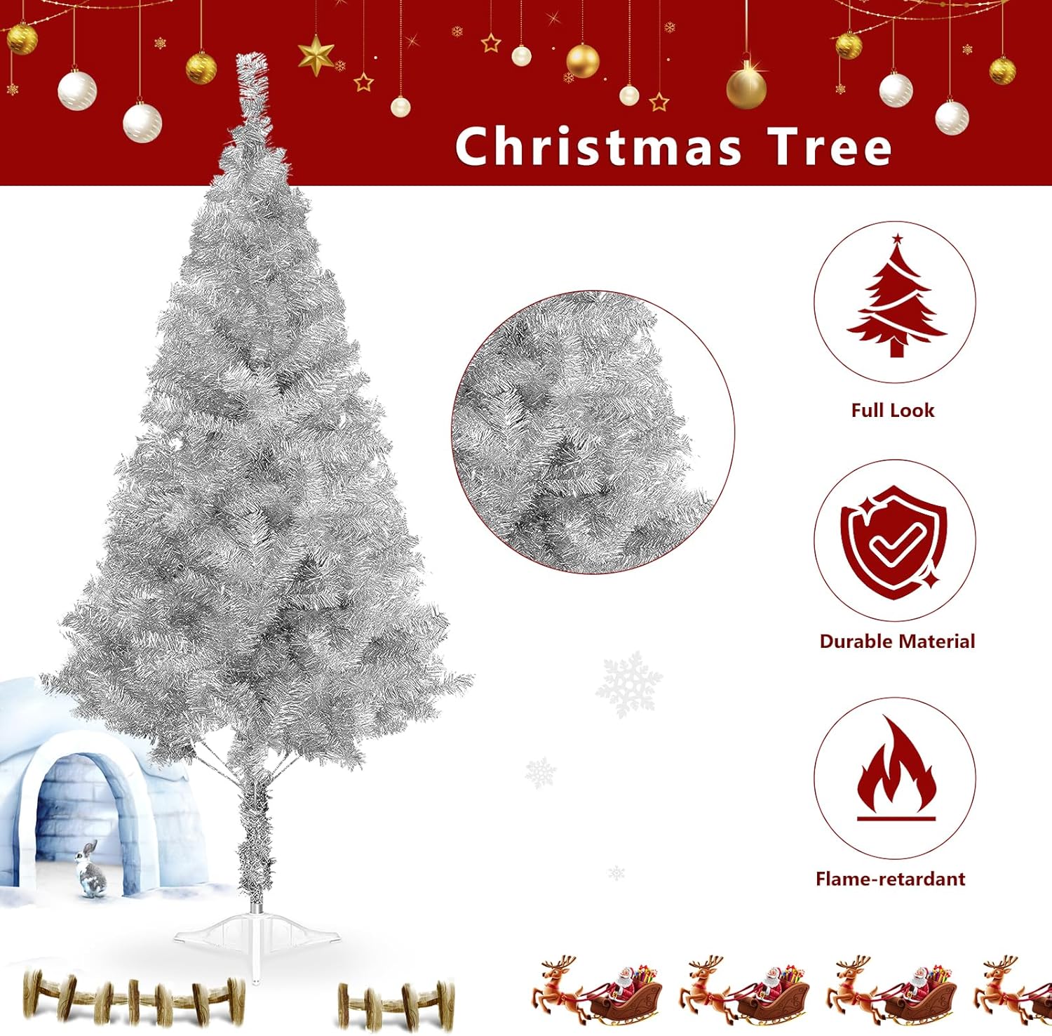 Árbol de Navidad plateado de 5 pies para el hogar, oficina, decoración de fiesta, árbol de Navidad de oropel artificial para Navidad, decoración de