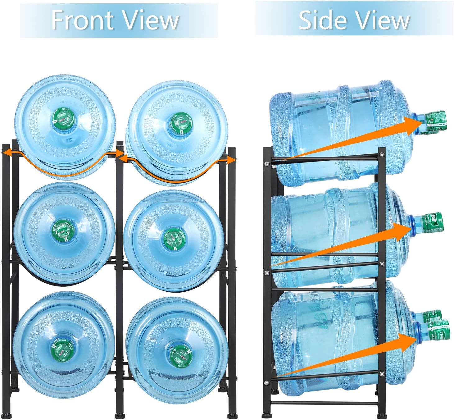 LIANTRAL Soporte para botellas de agua de 5 galones, 3 niveles, color negro, de doble fila, resistente, para jarra, estante de agua con 6 ranuras