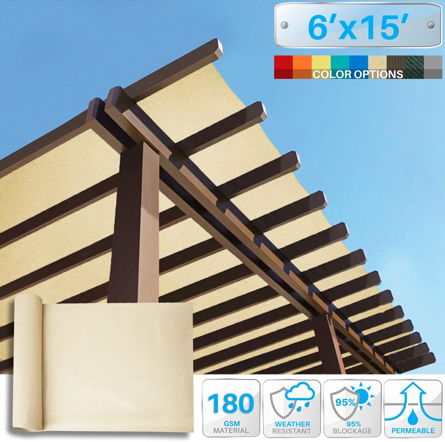Patio Paradise Inc. – Rollo de tela de protección solar de 6 x 15 pies, color beige tostado, hasta un 95% de bloqueo UV, para patios, cenadores,