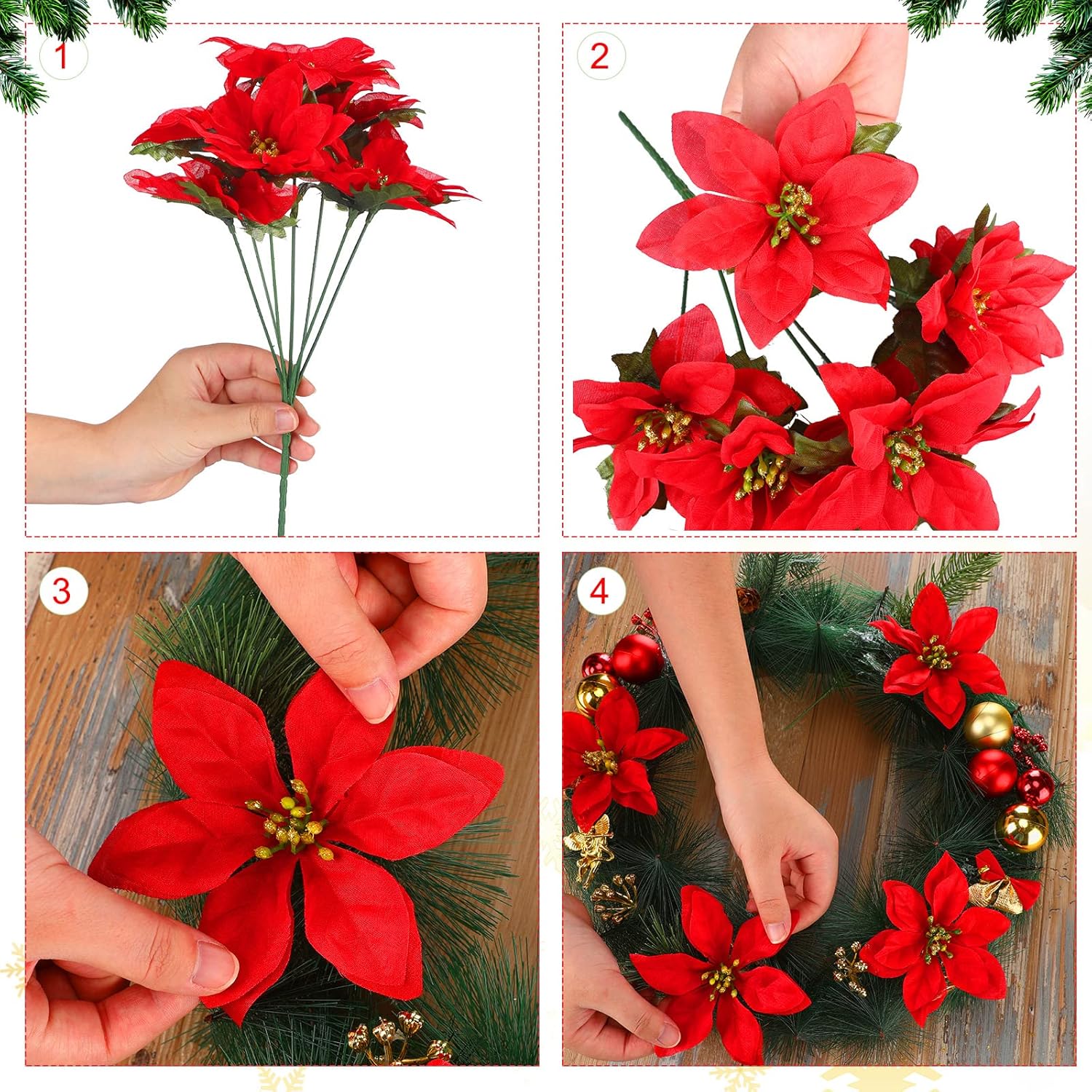 7 cabezas de flores de pascua artificiales de Navidad, ramos de flores de pascua sintéticas, adornos de árbol de Navidad de flor de pascua, adornos