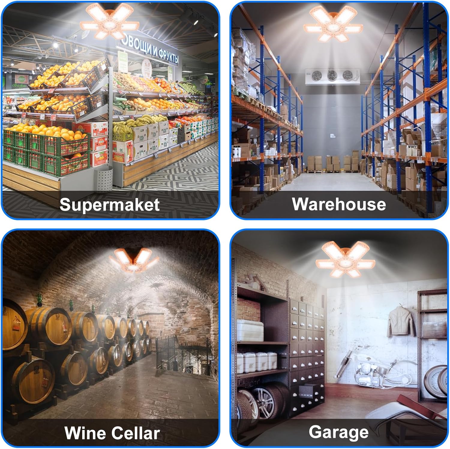 Luz de garaje de 185 W, luz LED naranja de 18500 lm con 6+1 paneles deformables, luces LED de techo de garaje compatibles con base E26E27 para