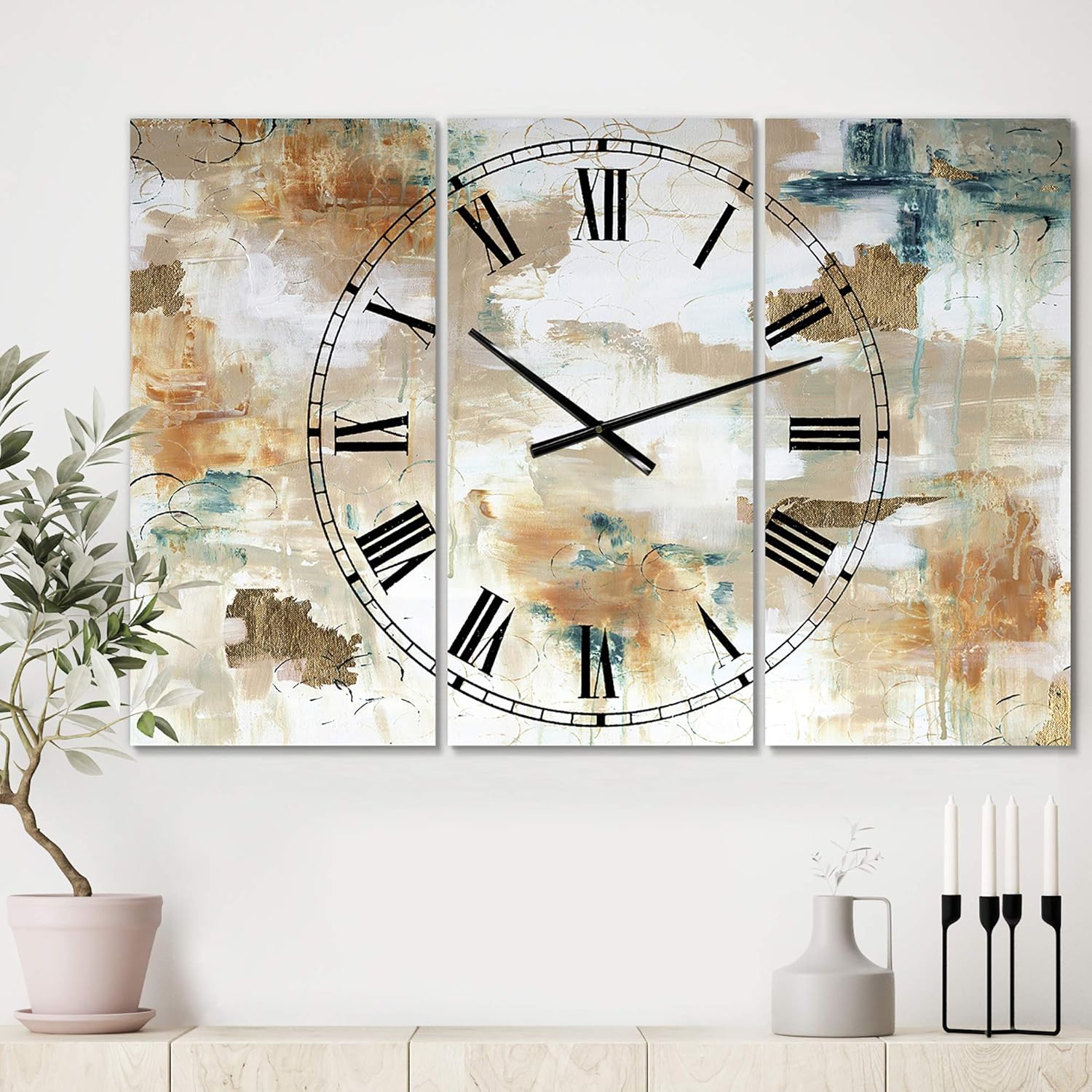‘Gilded Daydreams’ Reloj de pared moderno de 3 paneles para decoración del hogar, dormitorio, baño, oficina, sala de estar, 25069