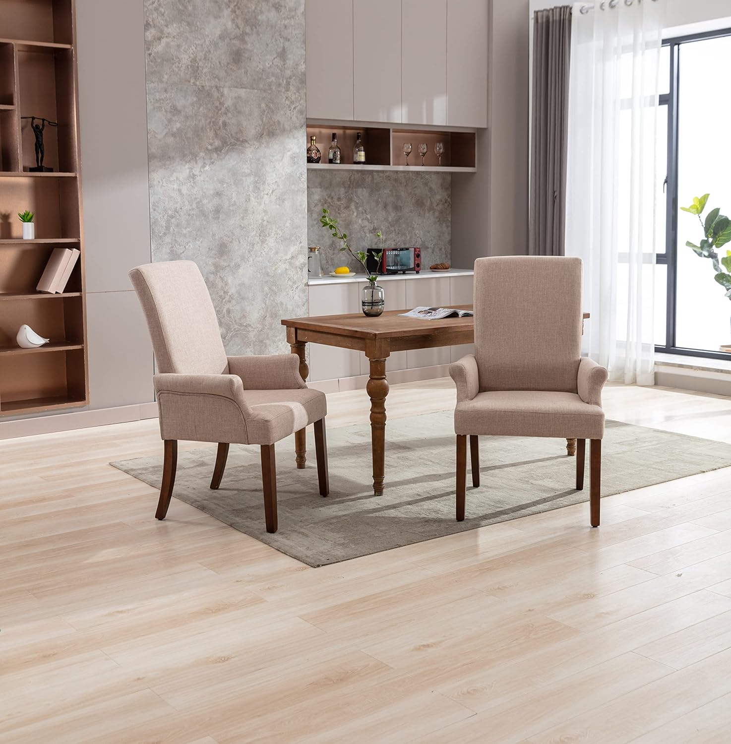 Restworld Sillas de comedor con brazos, tapizado capitoné con respaldo alto, ribete clavado con patas de madera de roble Untique para cocina,