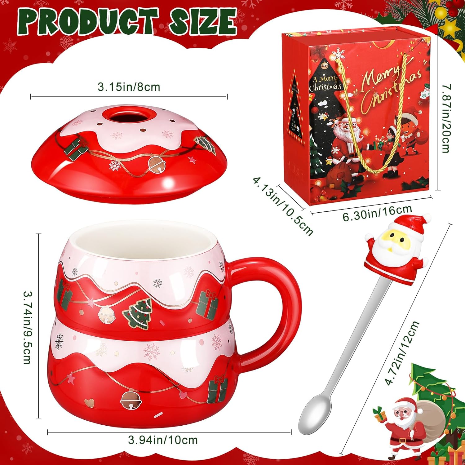 Tazas de Navidad con cuchara y tapa, tazas de cerámica festivas aptas para microondas y lavavajillas, taza de 15 onzas, taza de invierno novedosa