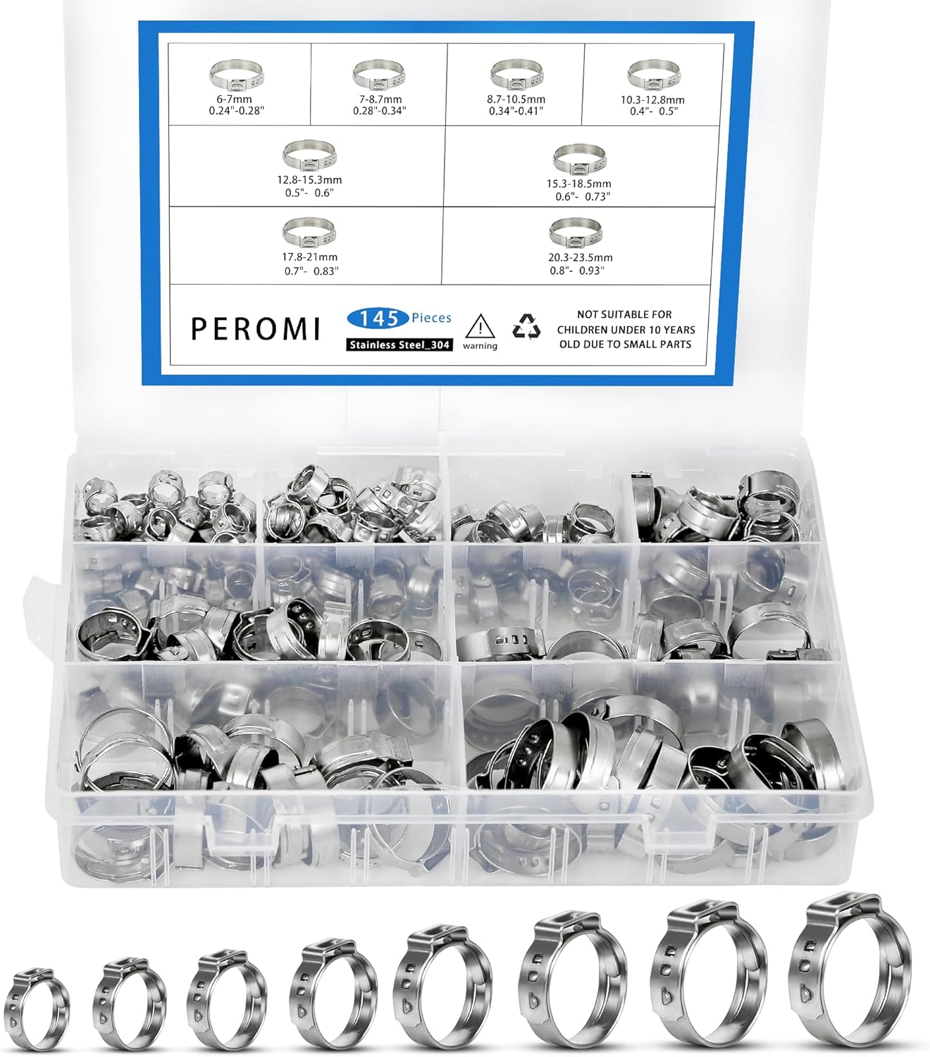 145 abrazaderas de manguera de oreja única, 8 tamaños 0.236-0.925 in 304 Stianless acero Cinch Clamp Rings Surtido Kit para conexiones de montaje de