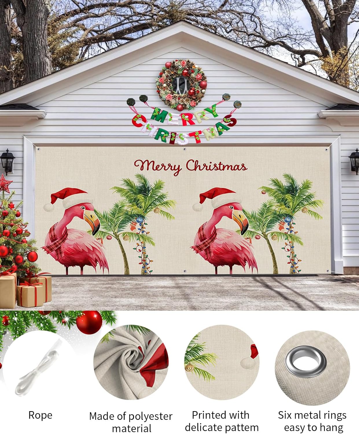 Pancarta de Navidad para puerta de garaje, 7 x 16 pies, Feliz verano, Navidad, isla de Santa Claus, búfalo negro, decoración de puerta de garaje,
