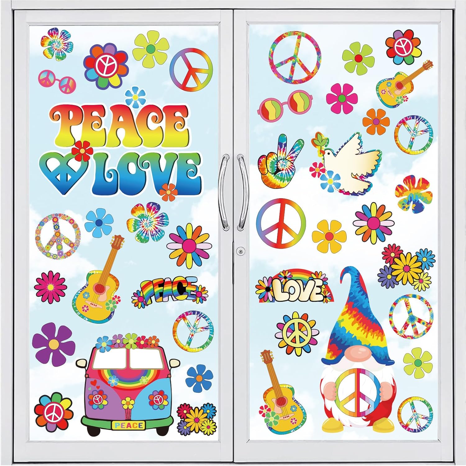 Whaline 9 hojas de calcomanías de ventana hippie de los años 60, retro, de doble cara, flores coloridas, gnomo, calcomanías para ventana, hippie,