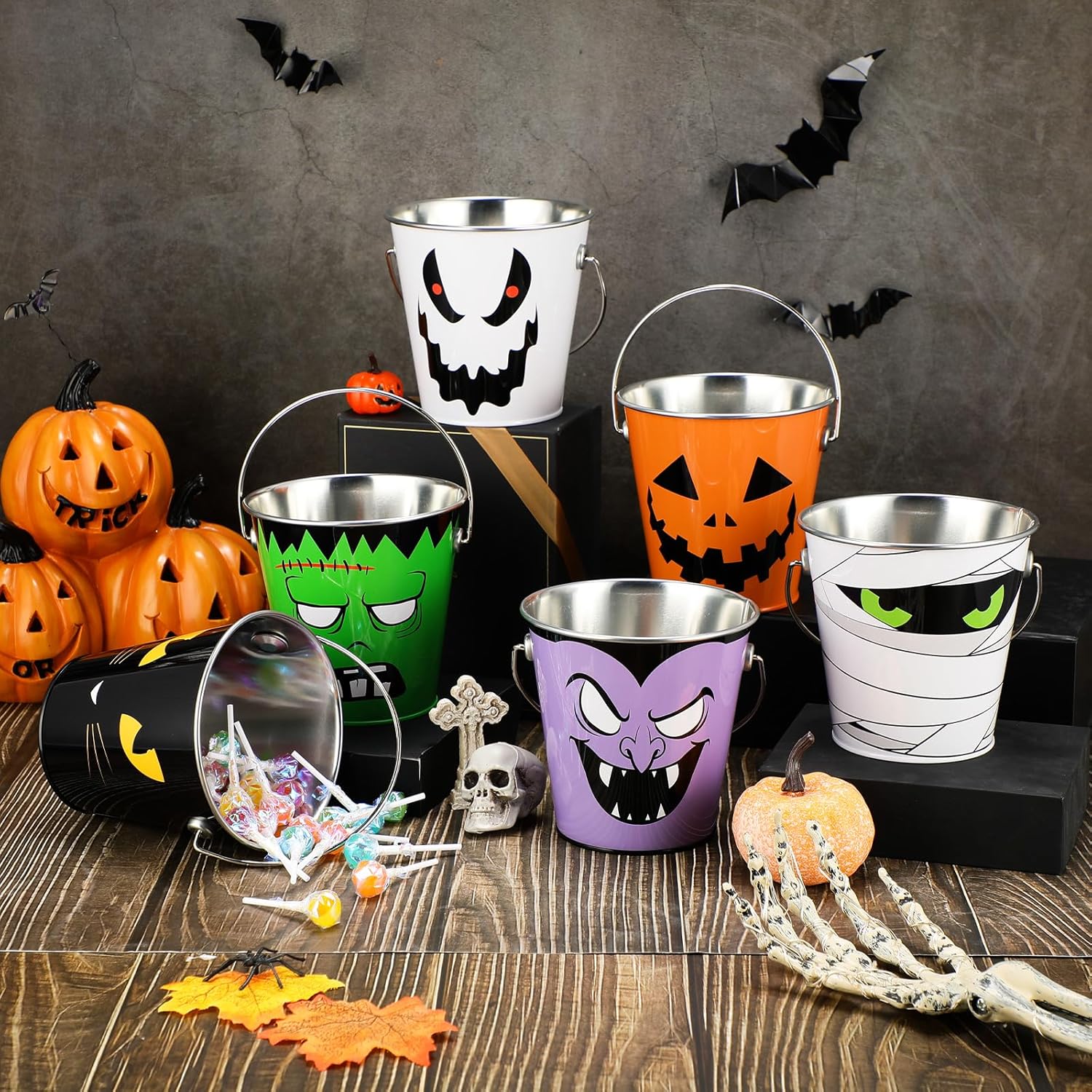 6 cubos de Halloween de metal a granel para niños, regalos de fiesta, cubo de dulce o truco con asa, cubo de dulces de calabaza de color calabaza