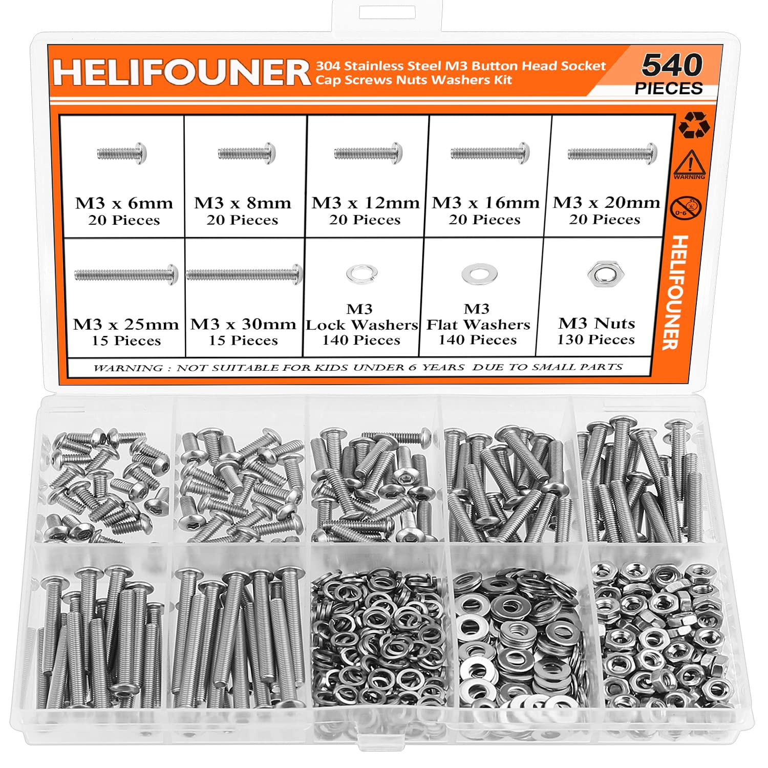 540 piezas M3 x 0.236 in 0.315 in 0.472 in 0.630 in 0.787 in 0.984 in 1.181 in, cabeza de botón, tornillos, arandelas, tuercas, acero inoxidable 304