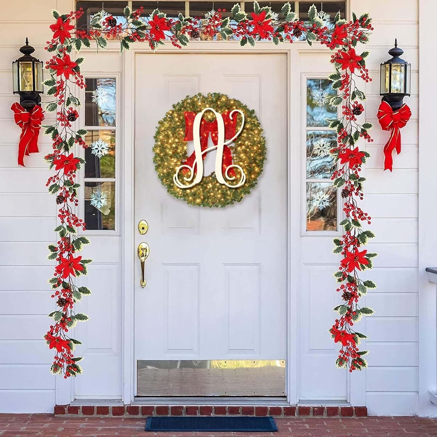 Corona de Navidad de apellido personalizada de 16 pulgadas con lazo iluminado, luces LED, 26 letras preiluminadas de abeto para puerta delantera,