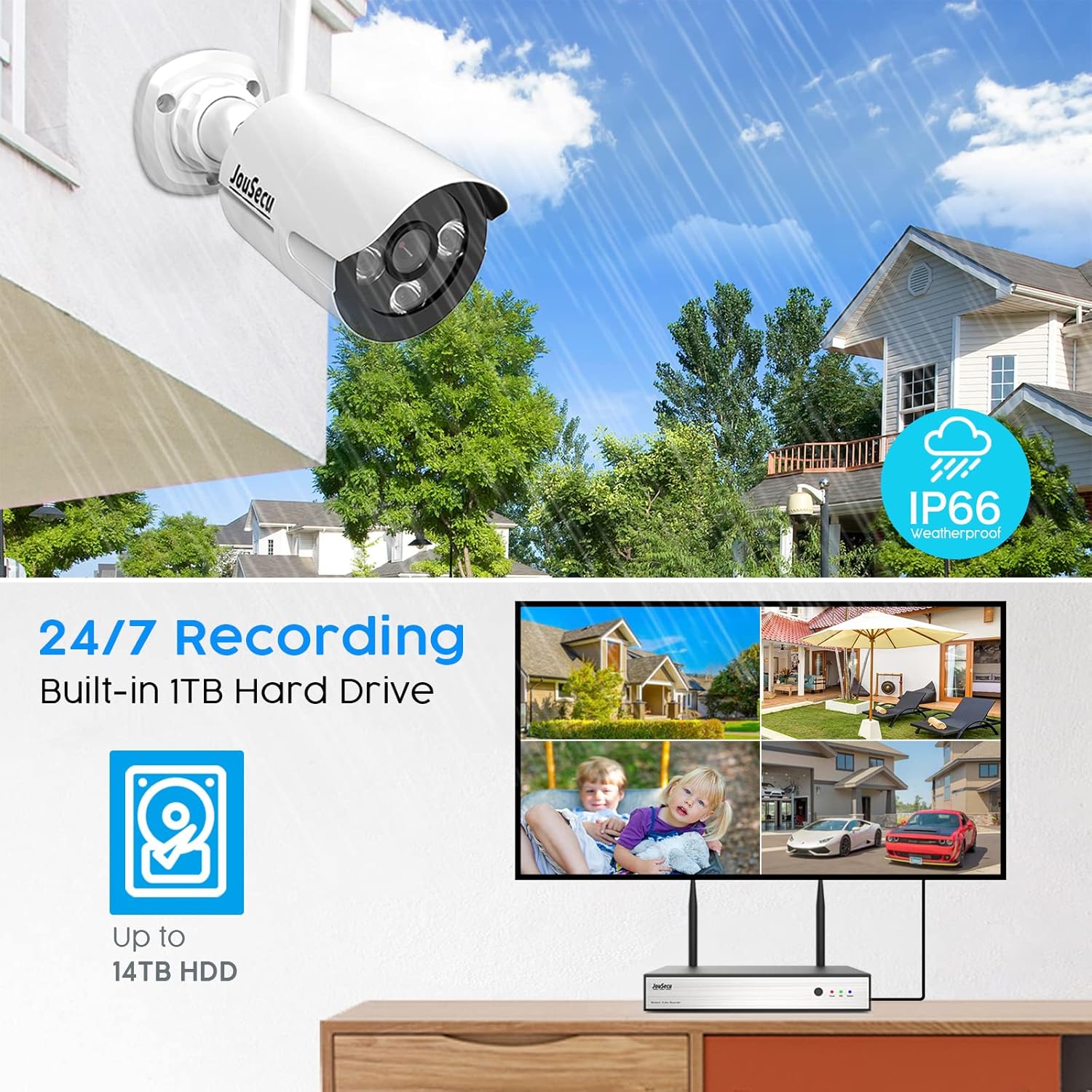 JouSecu JouSecu – Sistema de cámara de seguridad inalámbrica de 8 canales, grabadora NVR de vigilancia CCTV de 3 MP con 4 cámaras WiFi HD de 3.0MP