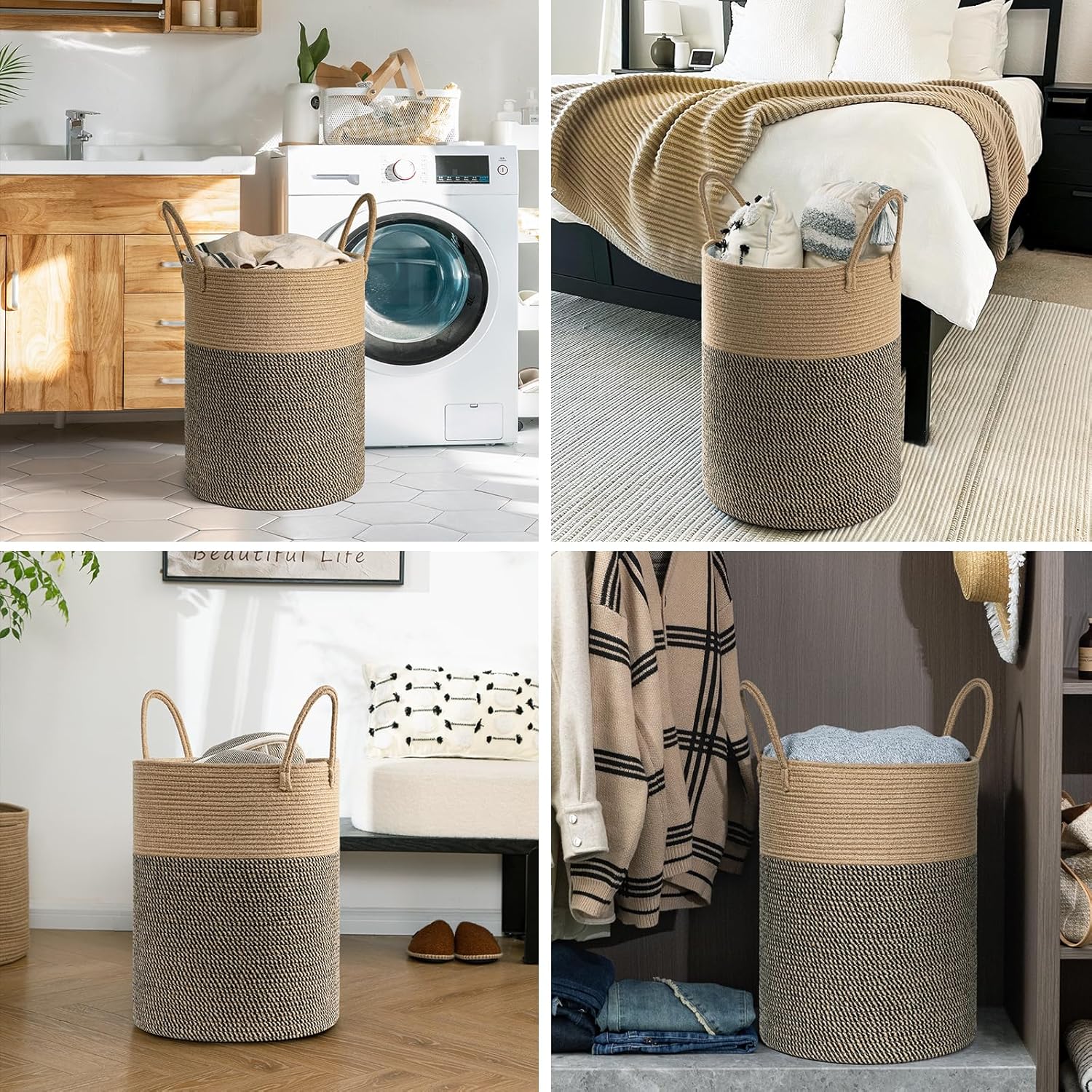 Goodpick Cesta de mimbre para ropa sucia, cesta de lavandería tejida de 60 litros para mantas, cesta de ropa sucia para dormitorio, canasta alta de