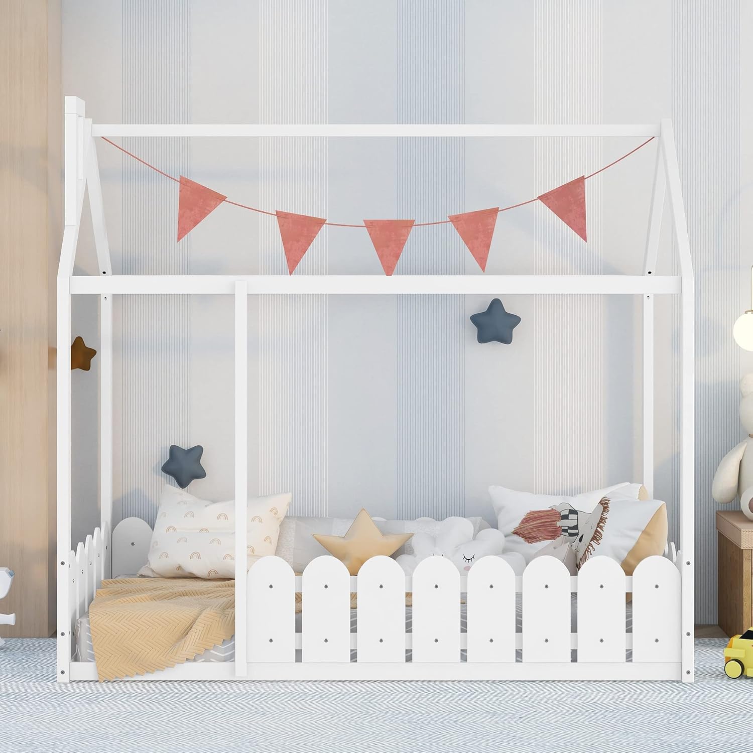 Harper & Bright Designs Marco de cama individual para niños, cama Montessori de madera individual con barandillas en forma de valla, marcos de cama