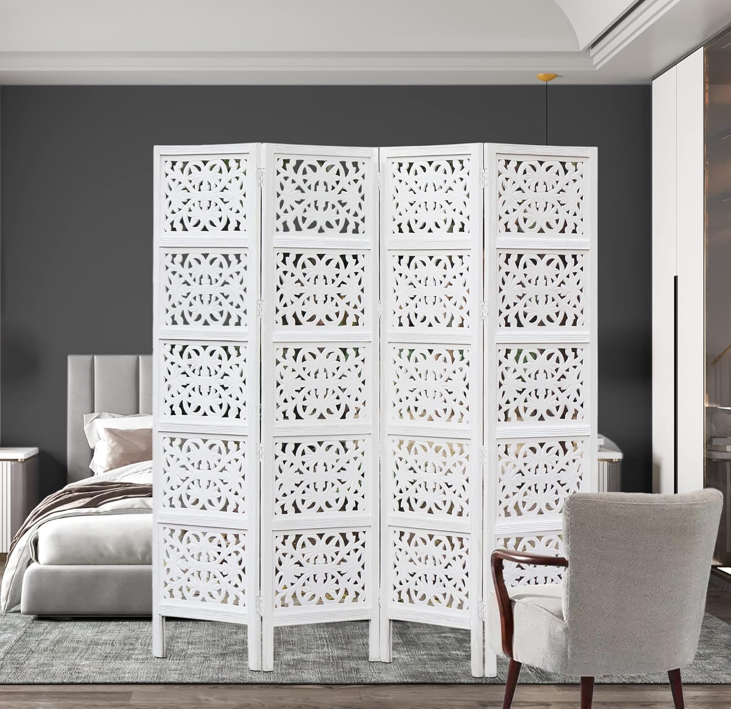 Rania – Partición de madera para separar habitaciones, color blanco antiguo, 4 paneles plegables de 72 x 80 pulgadas, intrincada tallada a mano,
