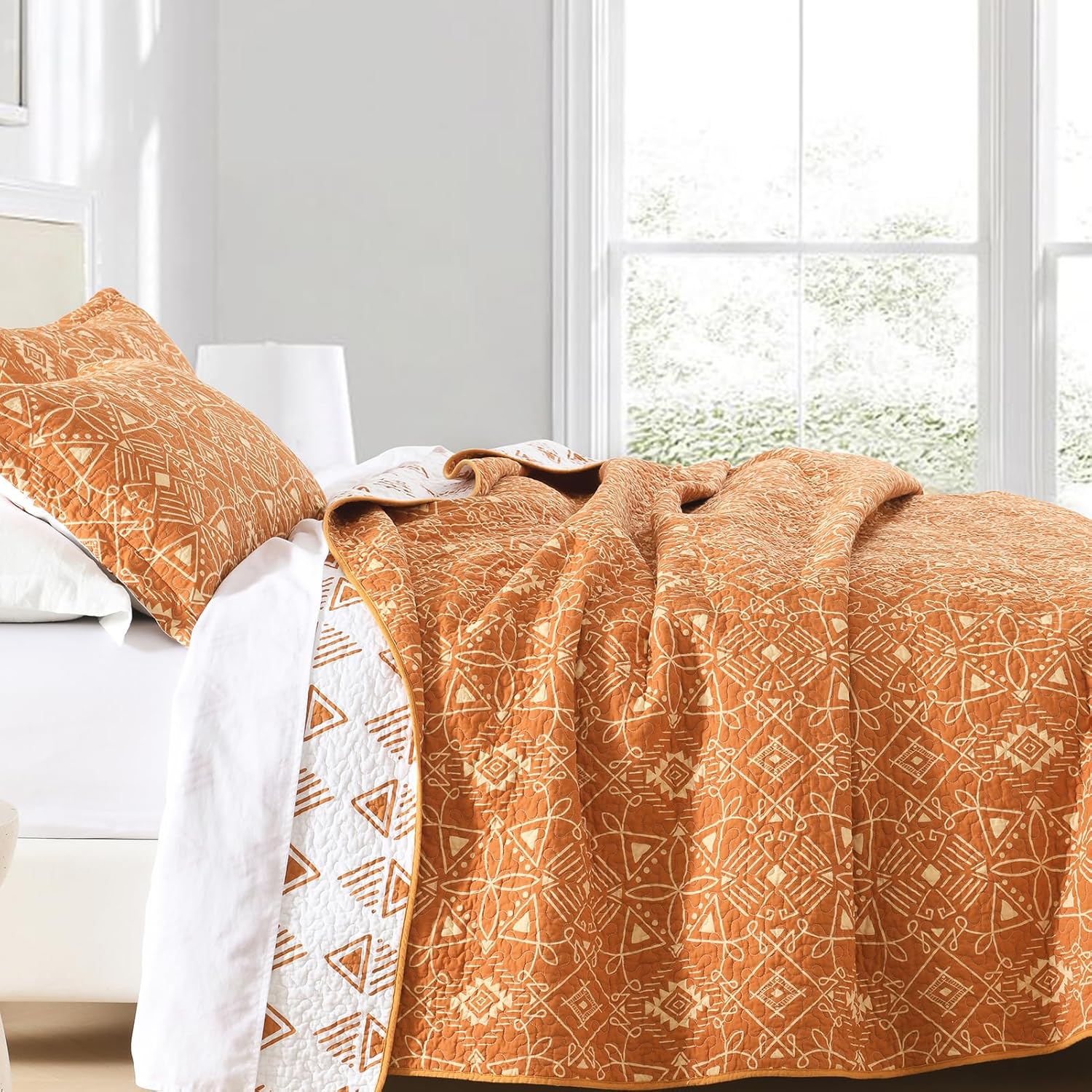 DUOHONG Juego de colcha tamaño King  Juego de colcha de 100% algodón naranja para cama King, 3 piezas geométricas de granja, reversible, rústico,