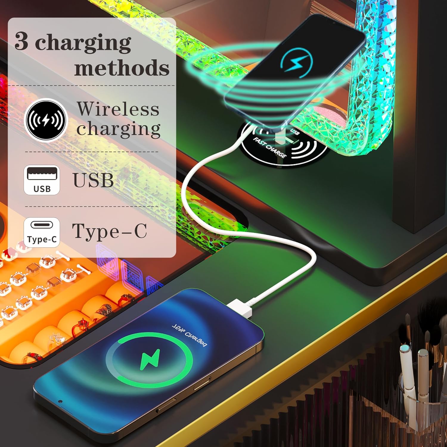 Escritorio de tocador con espejo y luces, mesa de tocador de cristal RGB para maquillaje con estación de carga inalámbrica, tocador para niñas y