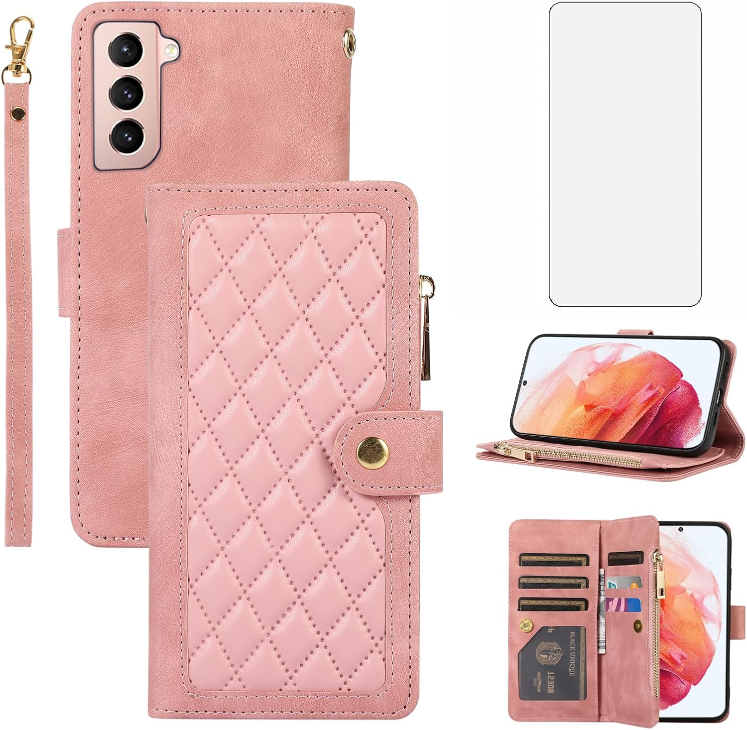 Asuwish Funda de teléfono para Samsung Galaxy S22 5G Funda tipo cartera con protector de pantalla de vidrio templado y correa para la muñeca de