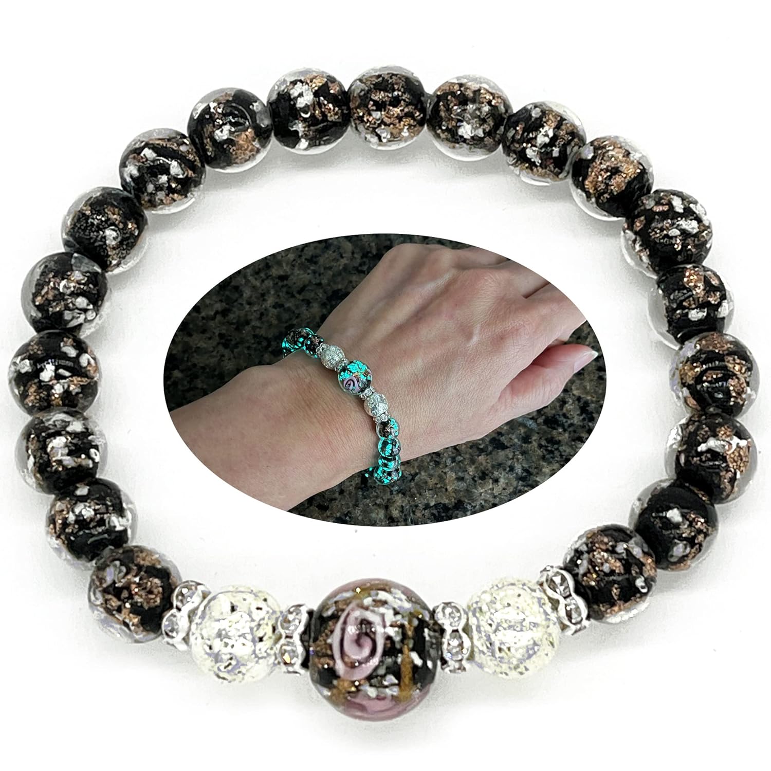 ARTSY Crafts Glow in the Dark Firefly Beads Bracelet for Women, Luminous Glass Beads Healing Crystal Glowing Beaded Bracelets, Mermaid Bracelet,