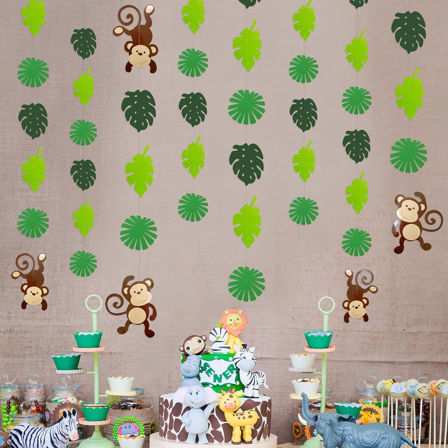 Guirnalda de recortes de hojas de palma de mono, decoración de fiesta de selva, monos, decoraciones de pared colgantes para niños, decoración de
