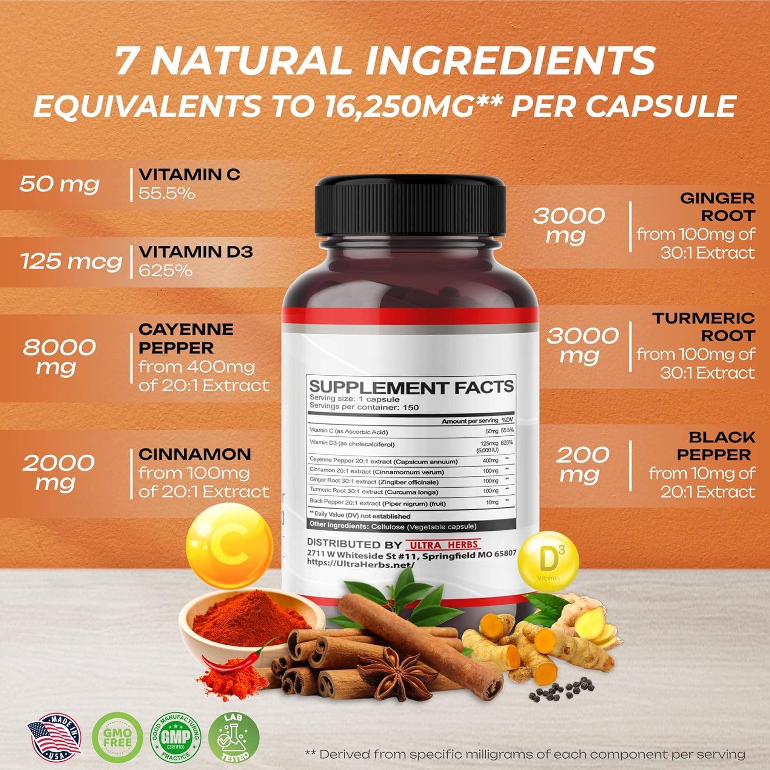 Pimienta de Cayena 7 en 1 – 16,250 mg – con jengibre, cúrcuma, canela, pimienta negra – Promueve la función del sistema digestivo (suministro de 150