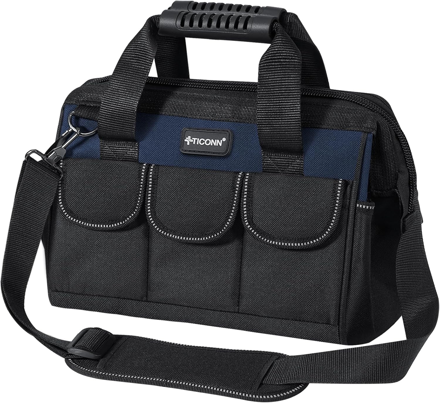 TICONN Bolsa de herramientas con múltiples bolsillos de boca ancha para herramientas con correas reflectantes de seguridad, correa de hombro