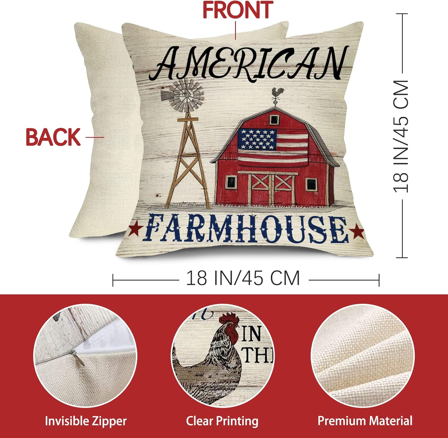 Juego de 4 fundas de almohada decorativas con bandera estadounidense del 4 de julio, 18 x 18 pulgadas, diseño patriótico de Estados Unidos, granja