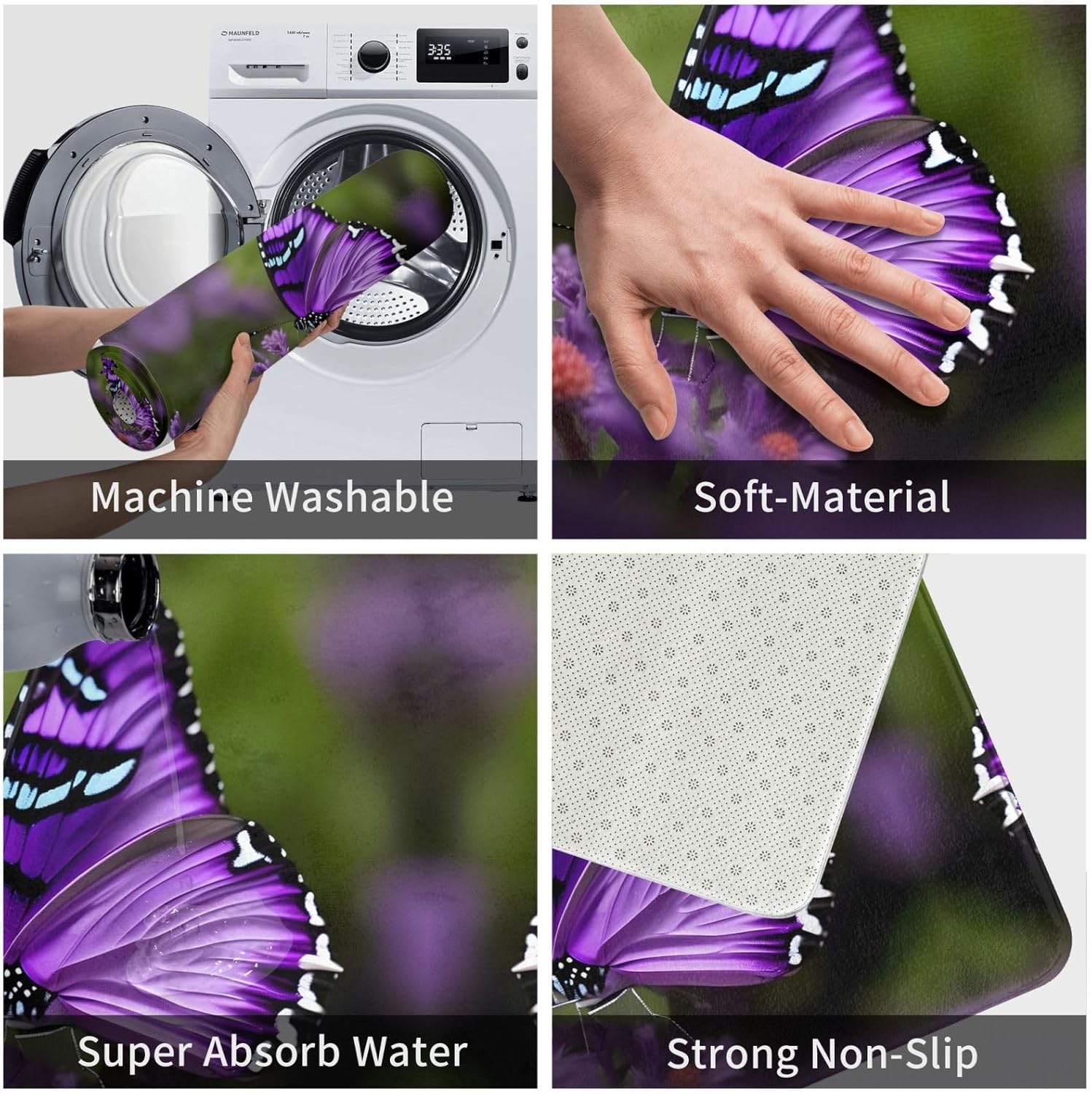 Tapete de puerta con diseño de mariposa morada para puerta exterior, fácil de limpiar, tapete de patio, 16 x 24 pulgadas