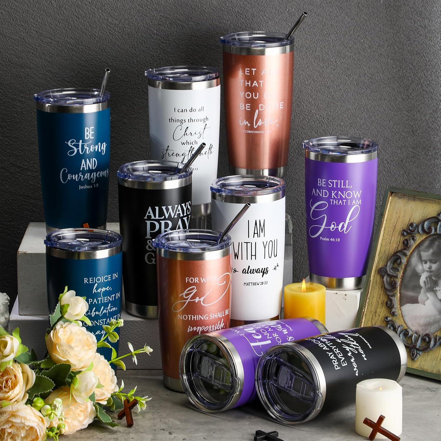 Meanplan Juego de 10 vasos de regalo cristiano con versículo de la Biblia, vaso religioso de acero inoxidable de 20 onzas, vaso religioso con