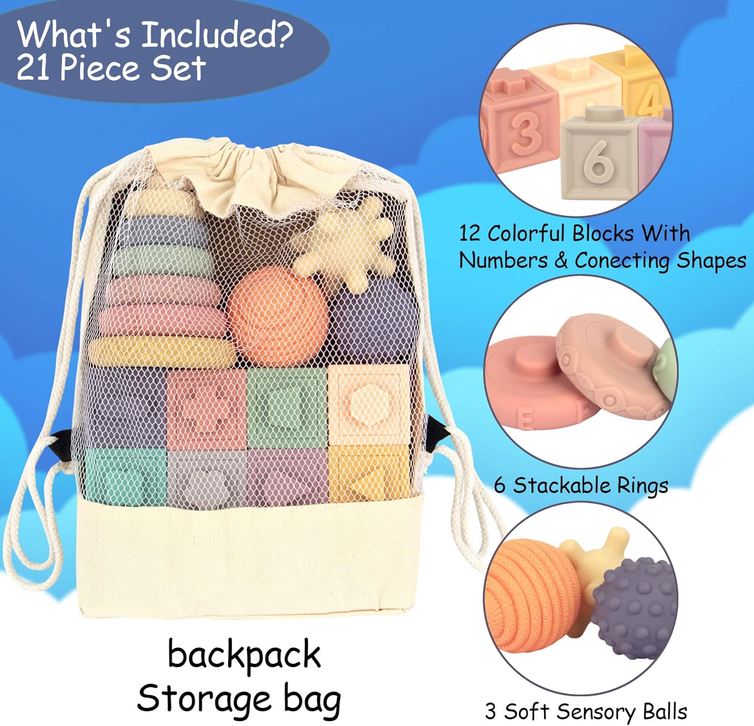 21 juguetes Montessori para bebés, juguetes de dentición para bebés meses, 6 meses o más, torre apilable de aprendizaje educativo temprano,