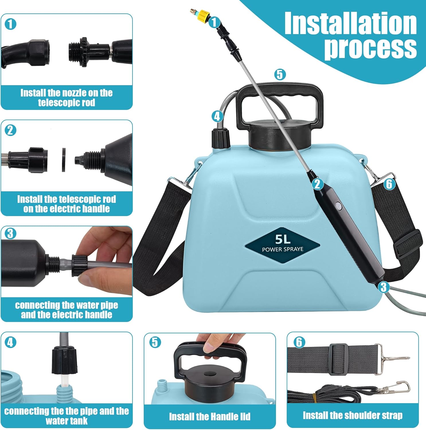 Pulverizador eléctrico a batería, 1.35 galón5L con 3 boquillas de niebla, rociador de jardín con mango recargable USB y varita retráctil, correa de