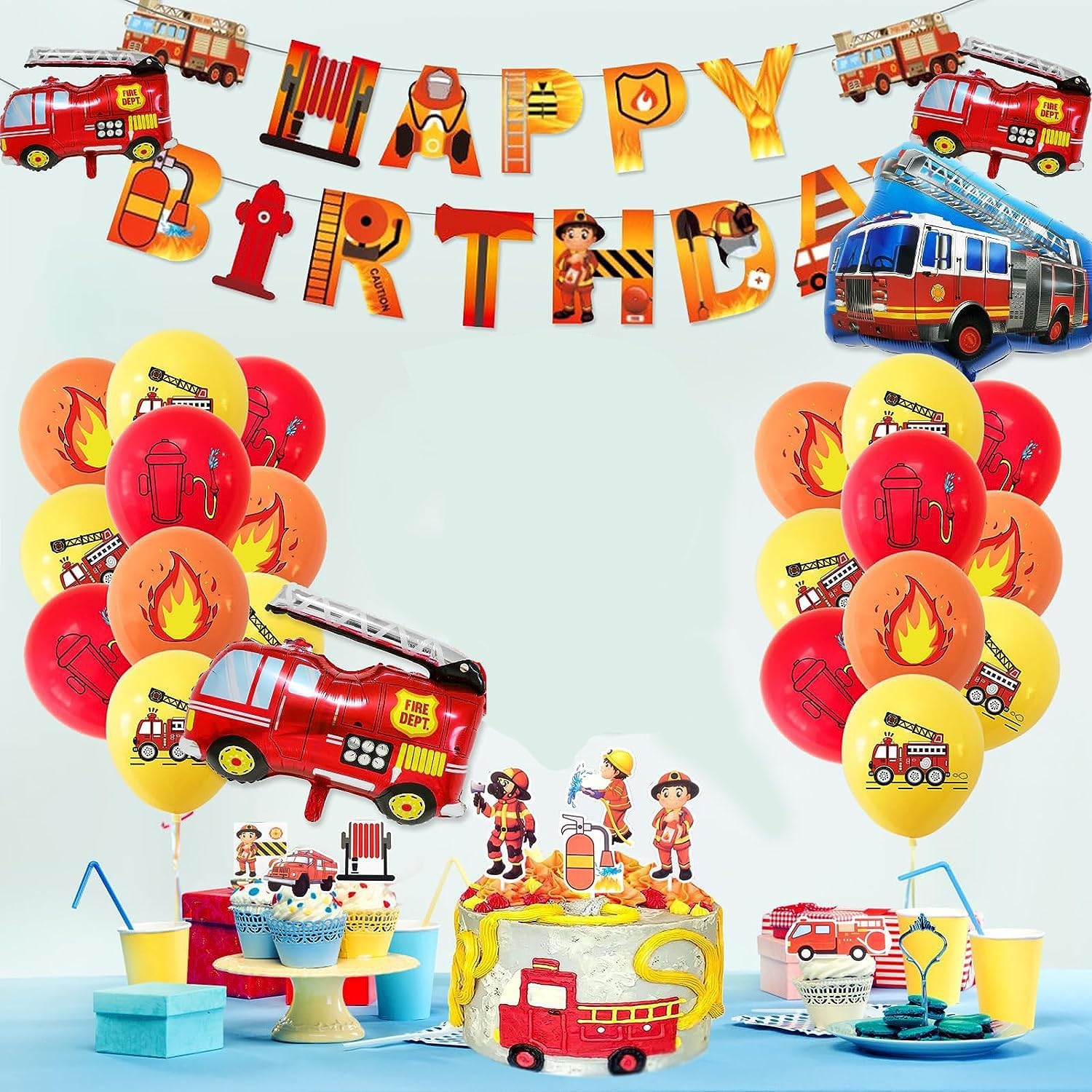 Decoración de cumpleaños de camión de bomberos, 35 piezas de globos de cumpleaños de camión de bomberos, decoración de camión de bomberos de