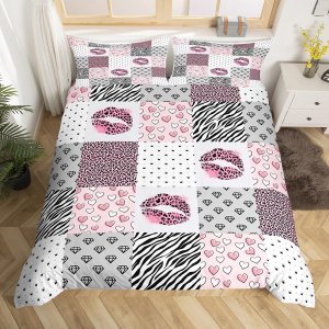 Juego de funda de edredón con estampado de leopardo rosa, tamaño individual, juego de ropa de cama con estampado de labios rosados, 2 piezas para Juego de funda de edredón con estampado de leopardo rosa, tamaño individual, juego de ropa de cama con estampado de labios rosados, 2 piezas para