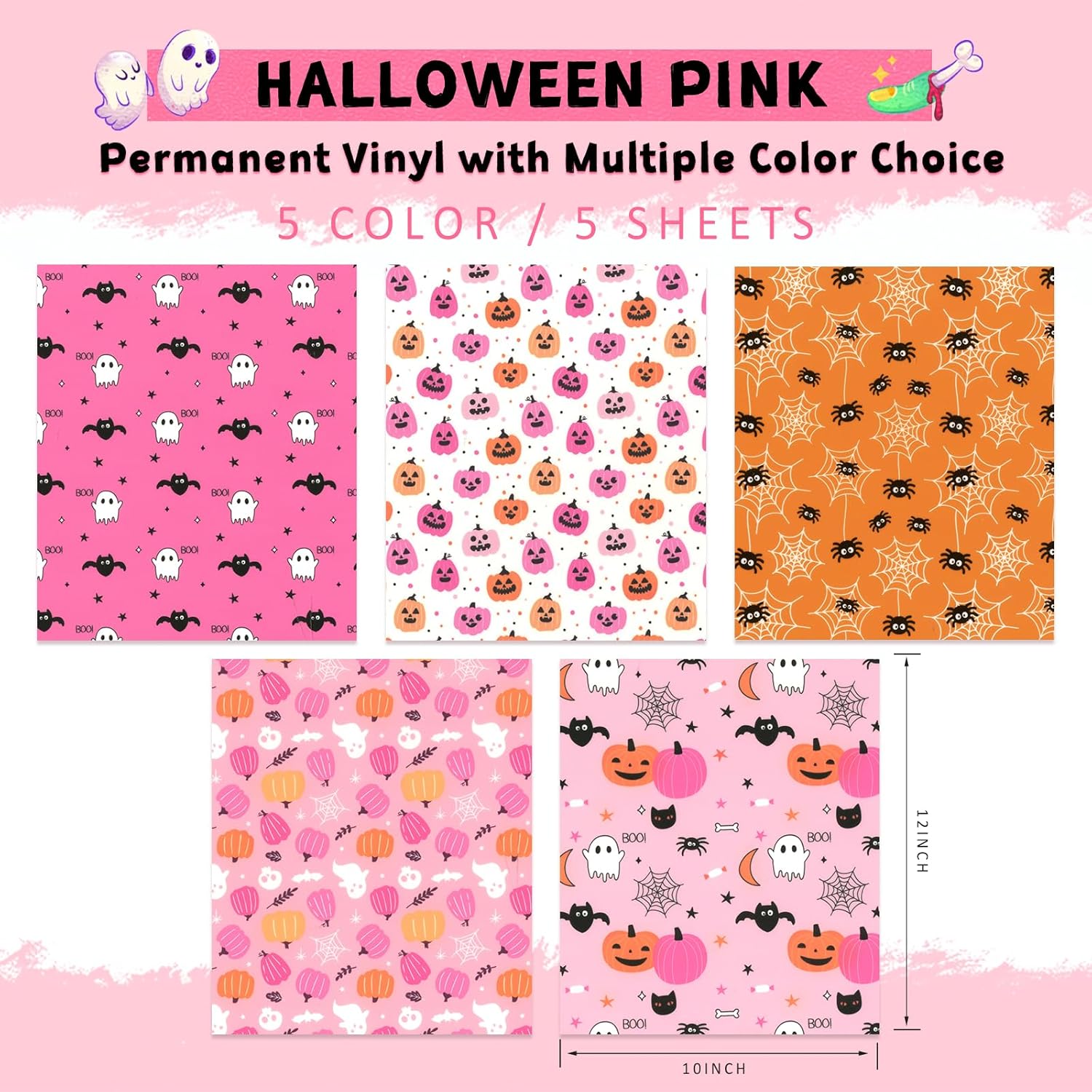 Tintnut Vinilo permanente rosa de Halloween, 5 hojas de 12 x 10 pulgadas, hojas de vinilo adhesivo con patrón de fantasma de calabaza compatibles