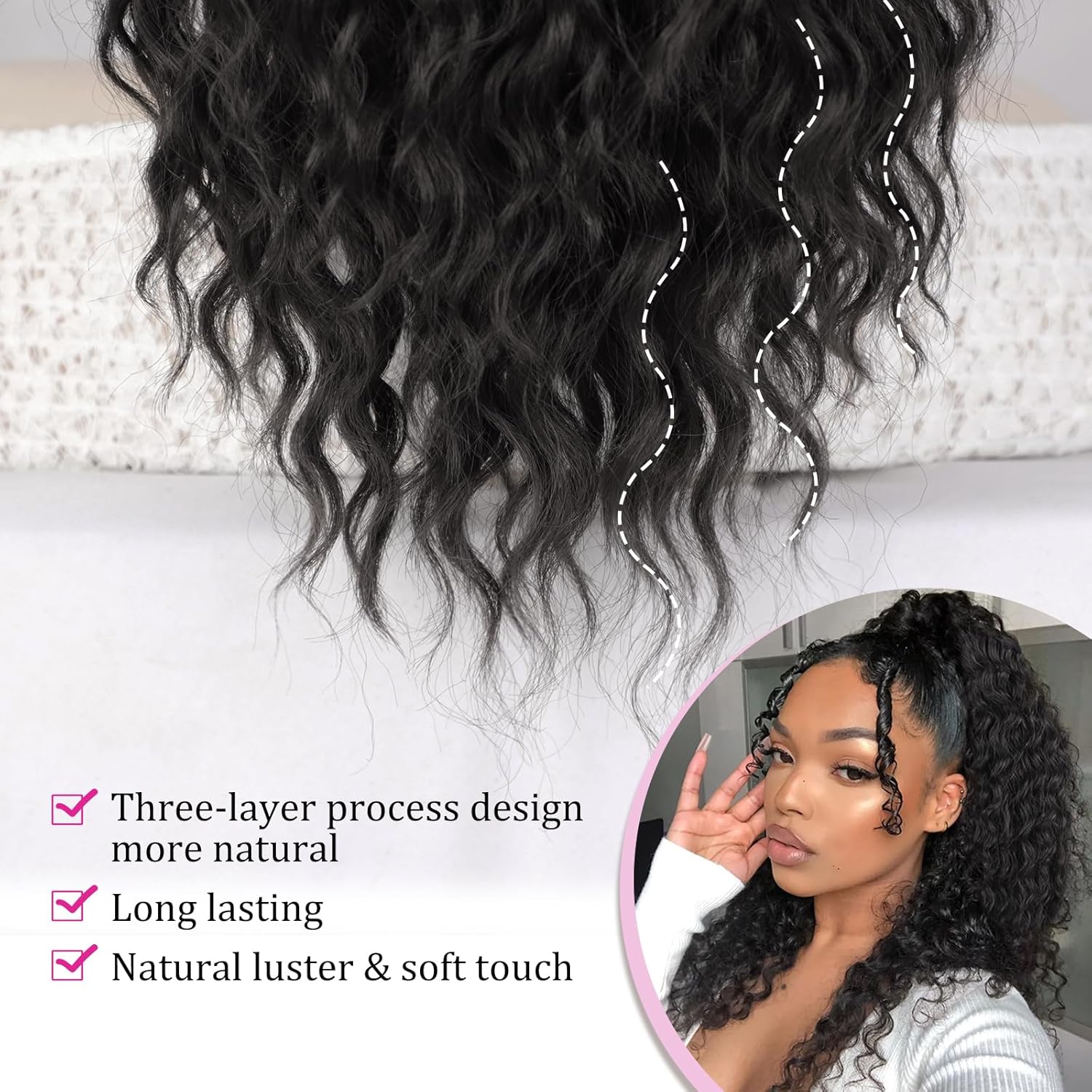 QGZ Extensión de cola de caballo con cordón para mujeres negras, 18 pulgadas, sintética, larga, afro, rizado, esponjoso, para uso diario (negro)