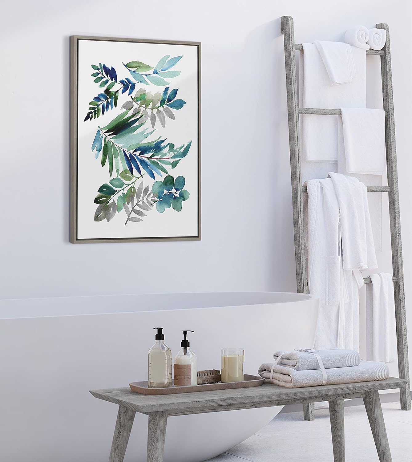 Kate and Laurel Sylvie Tropic Leaves – Lienzo decorativo para pared con marco azul por Sara Berrenson, 23 x 33 pulgadas, gris, arte tropical para