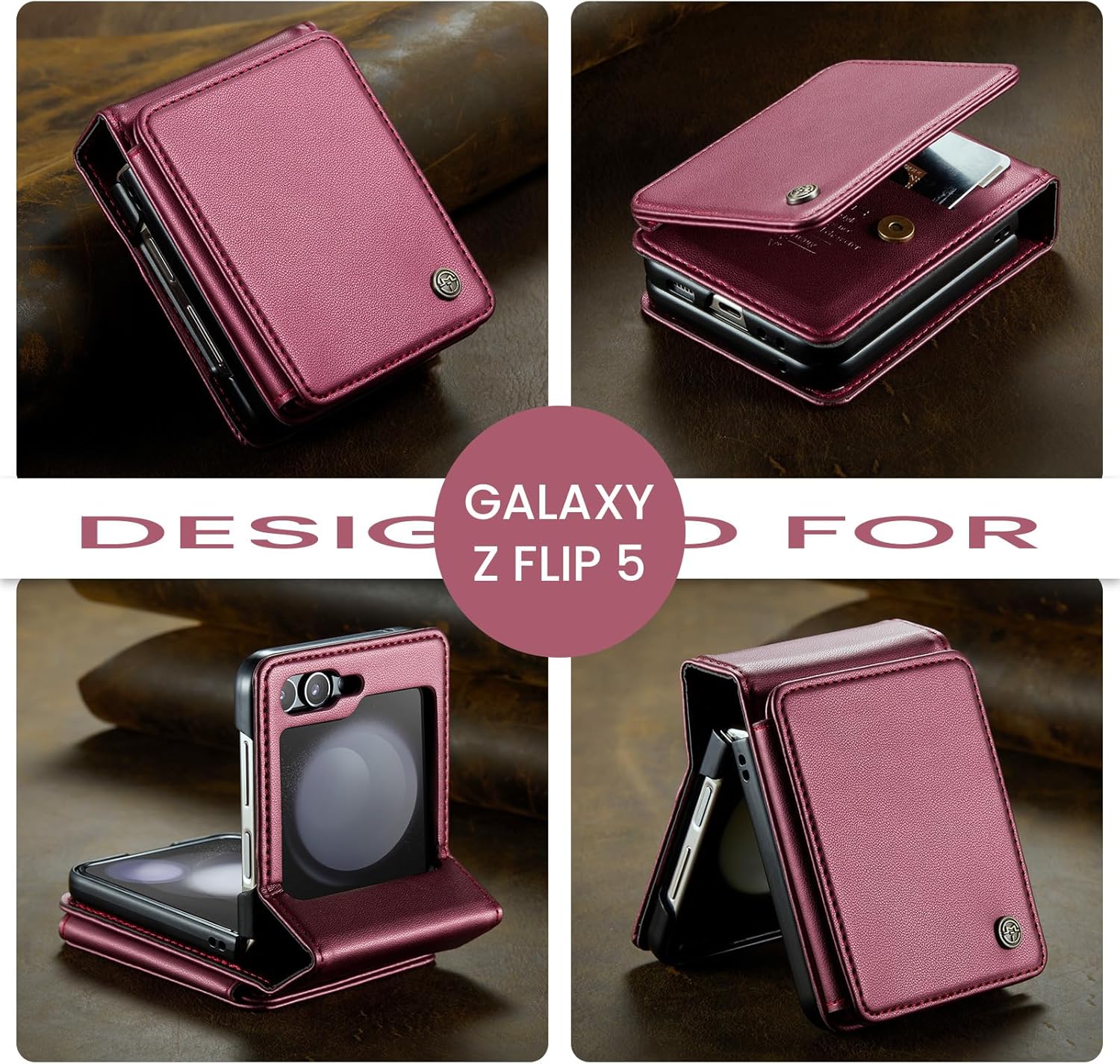 Vinich Funda para Samsung Galaxy Z Flip 5 con bloqueo RFID, para Samsung Z Flip 5, funda con tarjetero y soporte para tarjetas, funda duradera con
