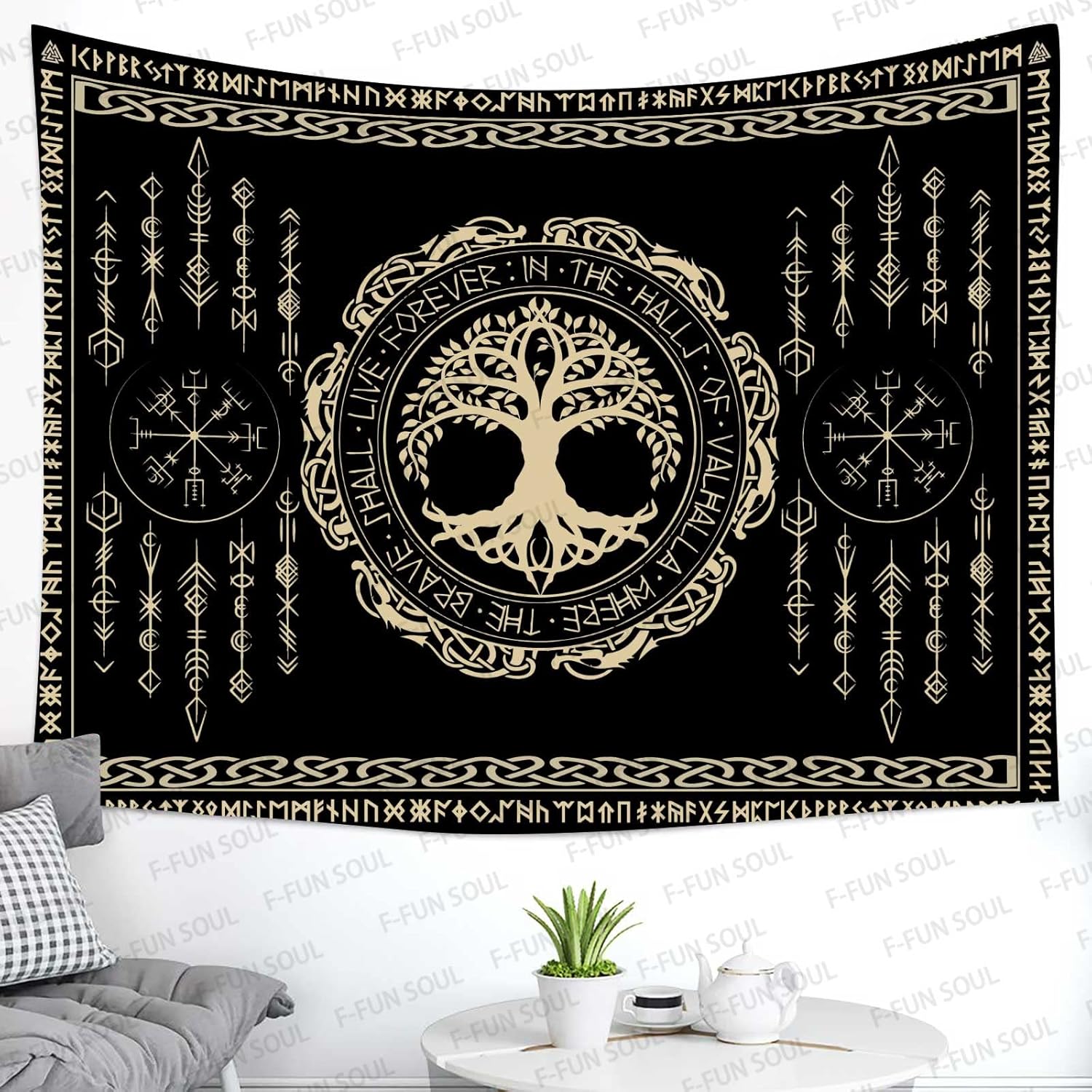 F-FUN SOUL Tapiz de los vikingos nórdicos, franela suave, 40 x 30 pulgadas, árbol de la vida vikingo Yggdrasil, runa celta escandinava, tapiz de