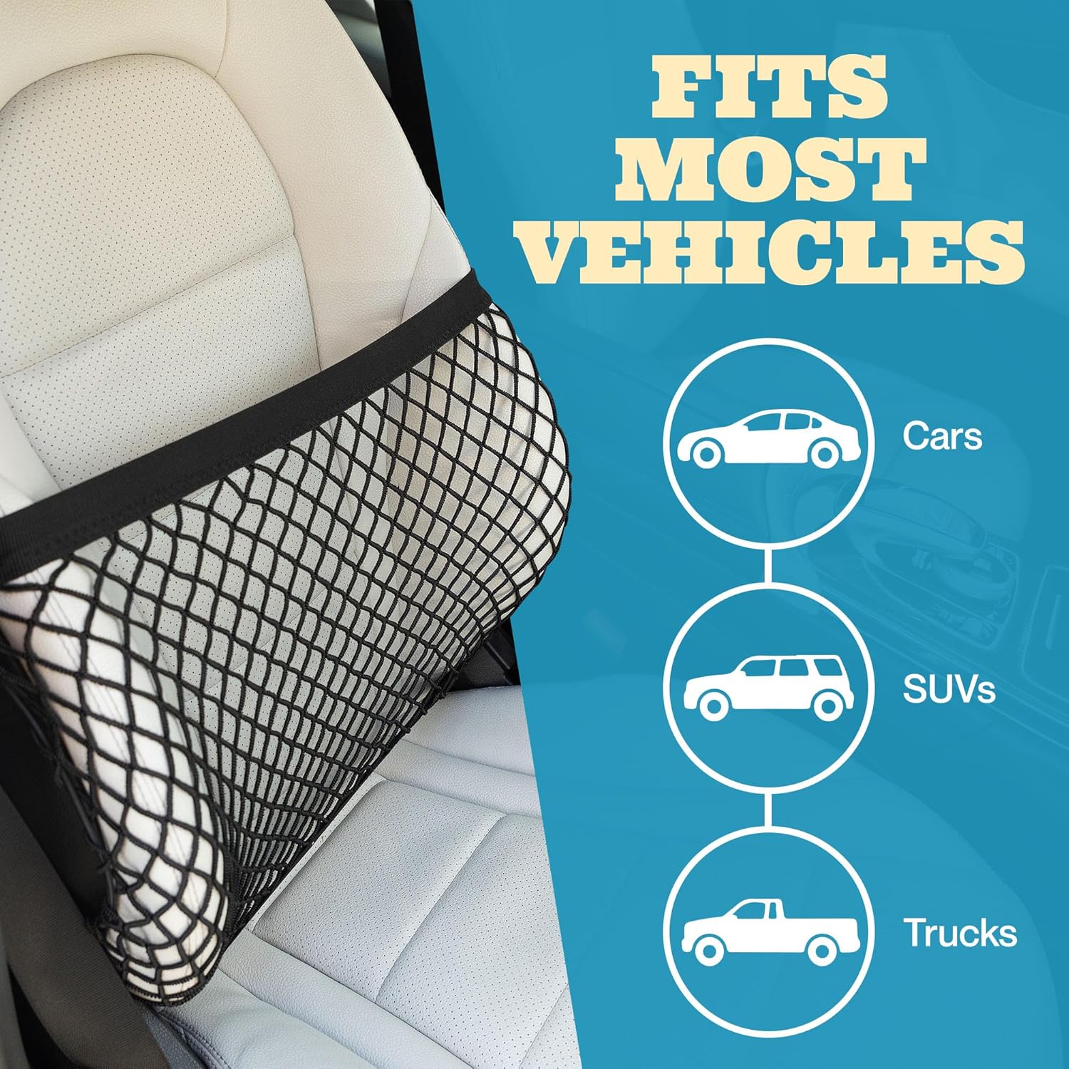 Red para asiento de coche y organizador de asiento delantero de automóvil, red elástica versátil que se adapta a la mayoría de tamaños y formas, se