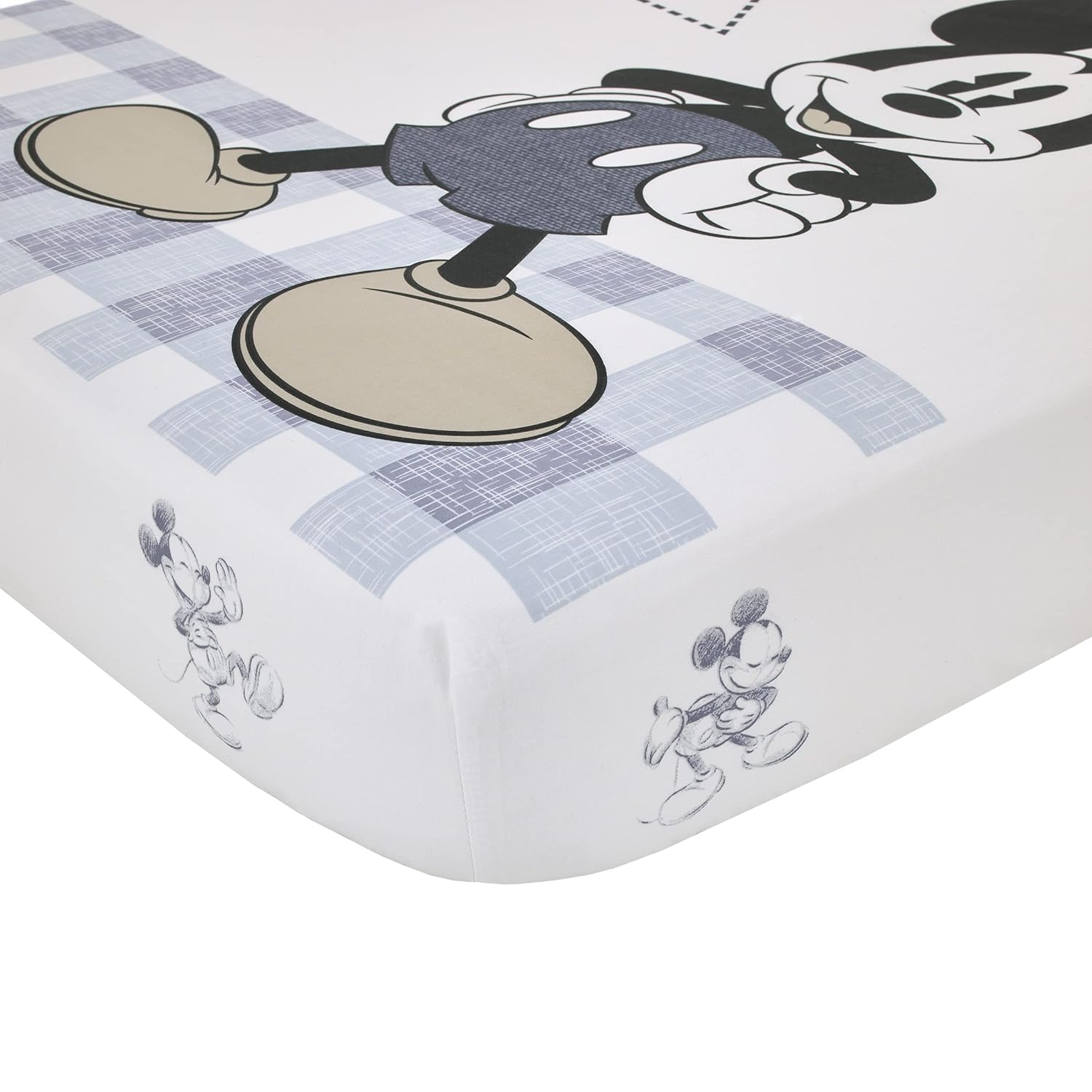 Disney Mickey Mouse – Call Me Mickey White and Blue The Adventure Begins Stars and Gingham 100% algodón Photo Op Nursery Sábana bajera ajustable