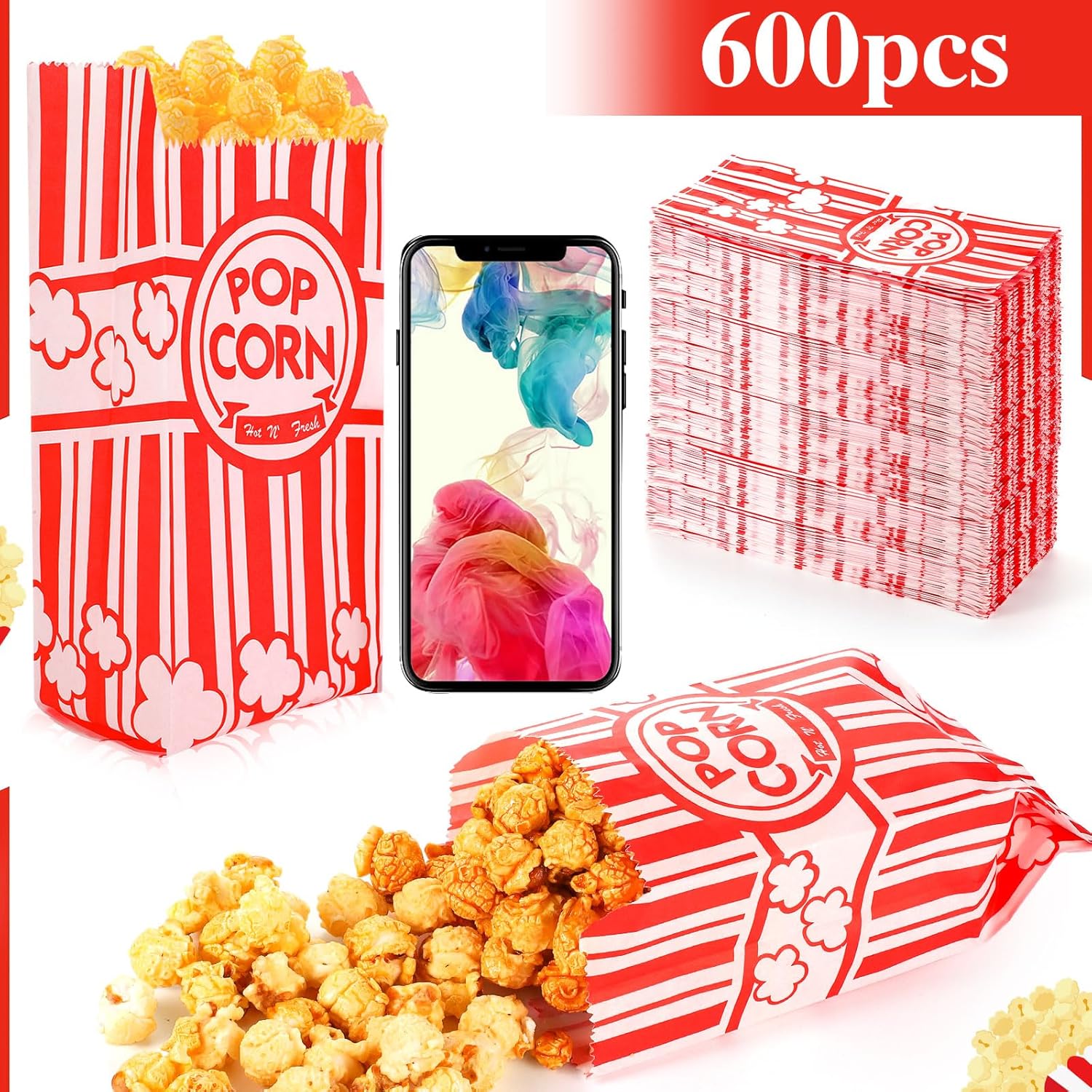 600 bolsas de palomitas de maíz, bolsas de papel de 1 onza, porciones individuales a granel para máquina de palomitas de maíz, noches de cine,