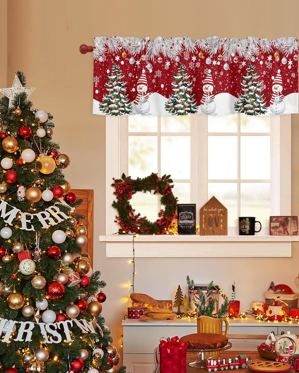 Cortinas de cenefa de Navidad para ventanas de cocina, árbol de Navidad, lindo muñeco de nieve, copos de nieve, agujas de pino, cenefas de ventana