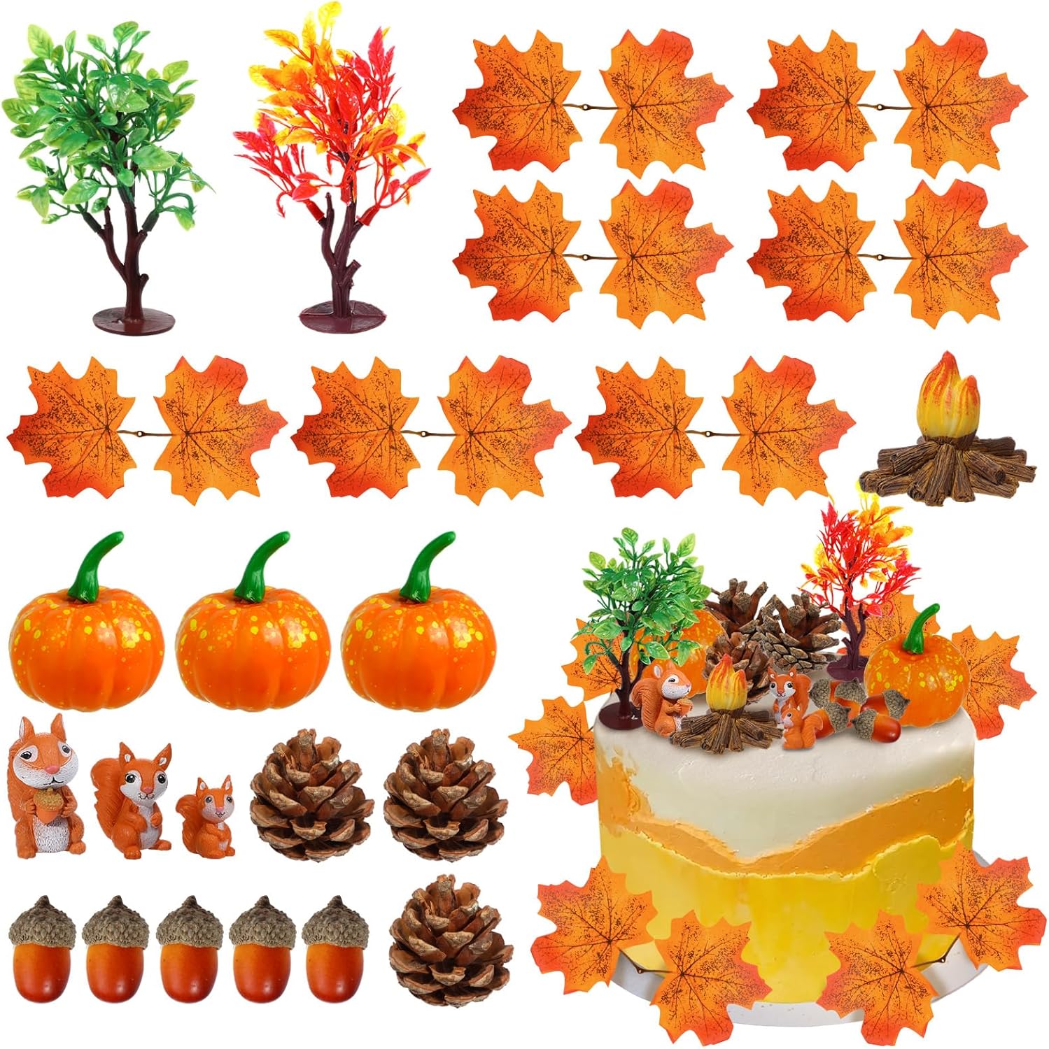 RAYNAG 25 decoraciones para tartas de Acción de Gracias, decoraciones de otoño para fiestas de cumpleaños, calabazas artificiales, hoja de arce,