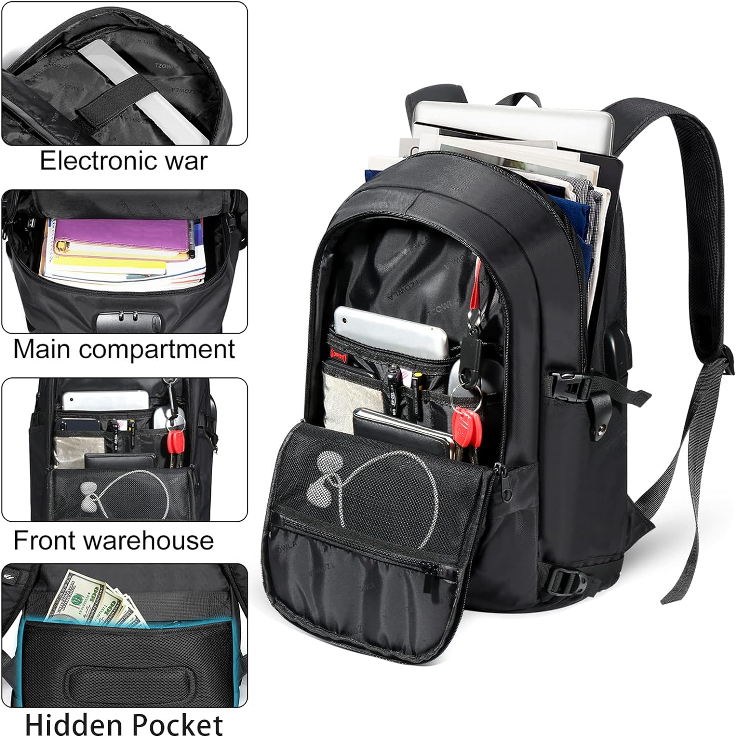 Tzowla Mochila antirrobo de 35 litros con puerto de carga USB para portátil